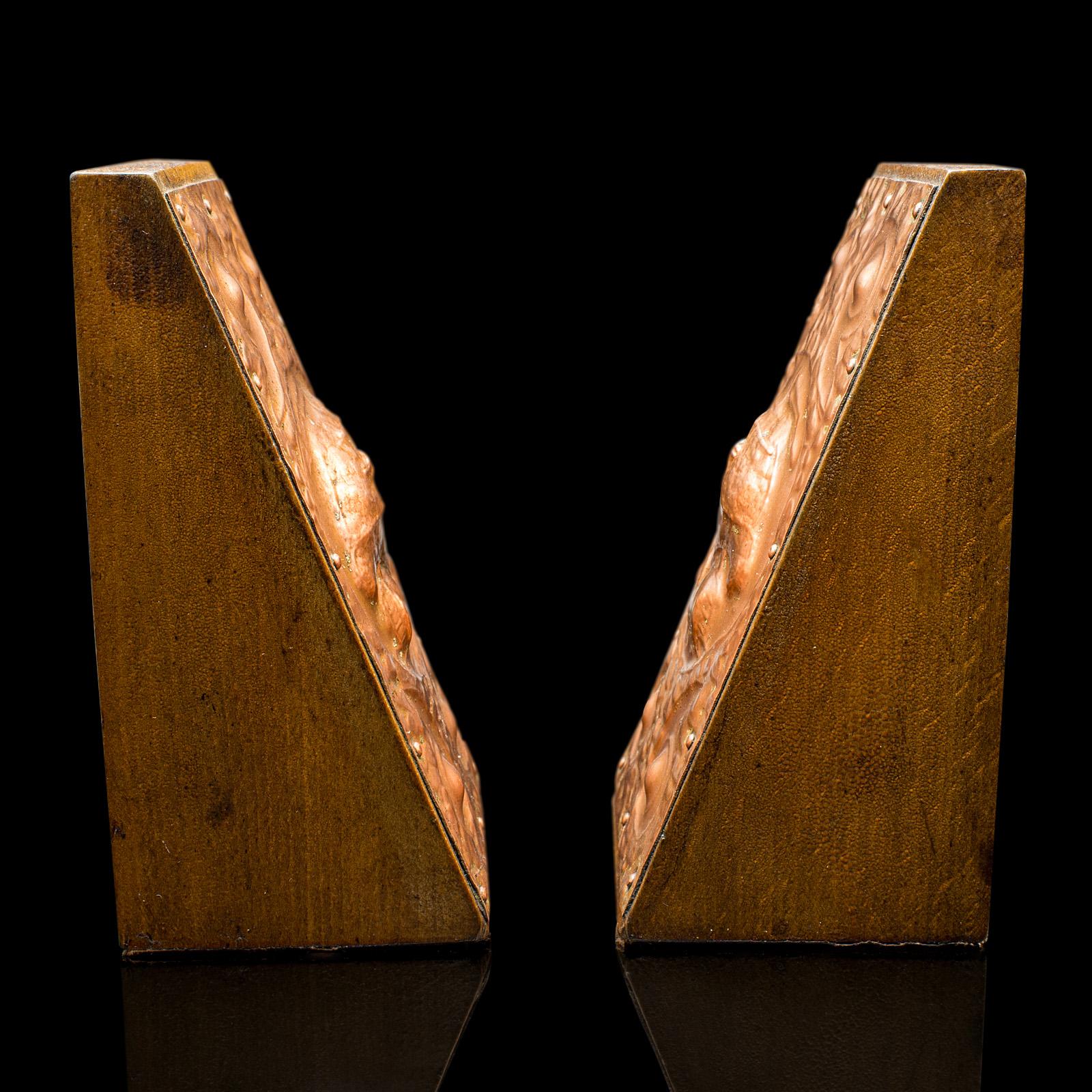 19th Century Pair, Antique Maritime Bookends, Continental, Copper, Oak, Book Rest, Victorian For Sale