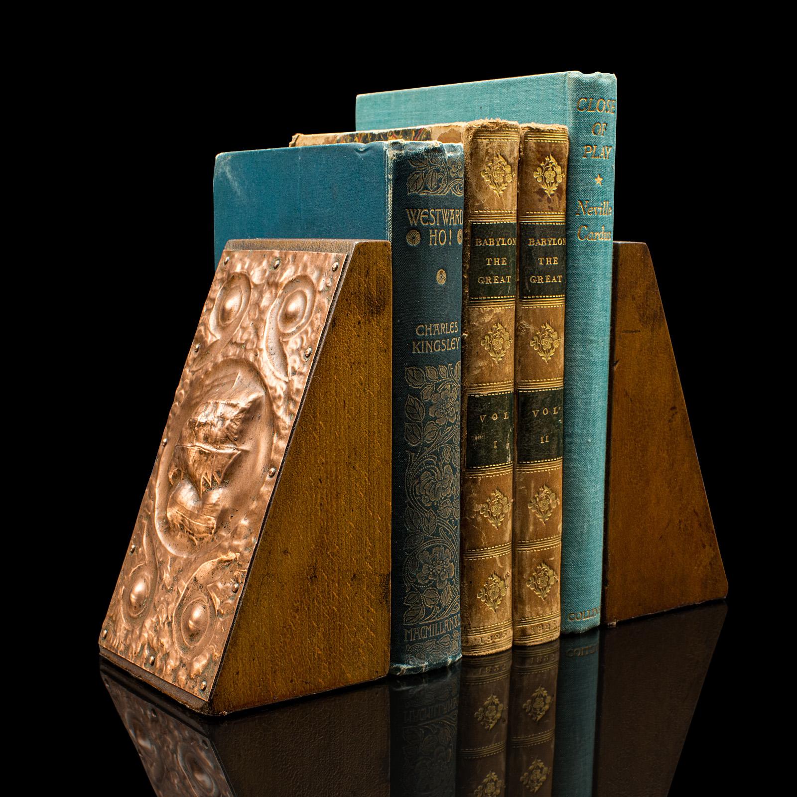 Pair, Antique Maritime Bookends, Continental, Copper, Oak, Book Rest, Victorian For Sale 4