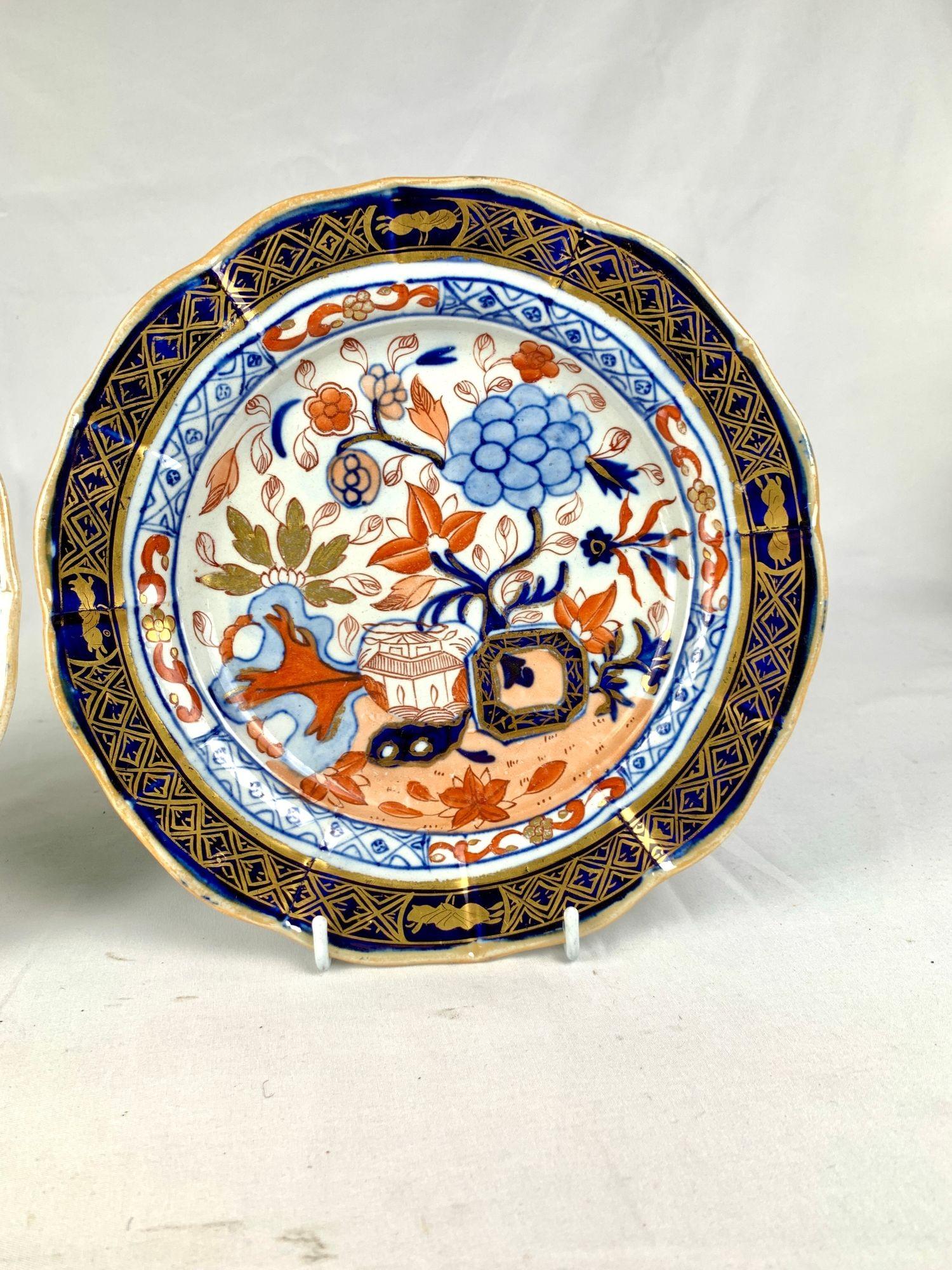 Chinoiserie Pair Antique Mason's Ironstone Plates Imari Palette with Gilt, England Ca. 1815 For Sale