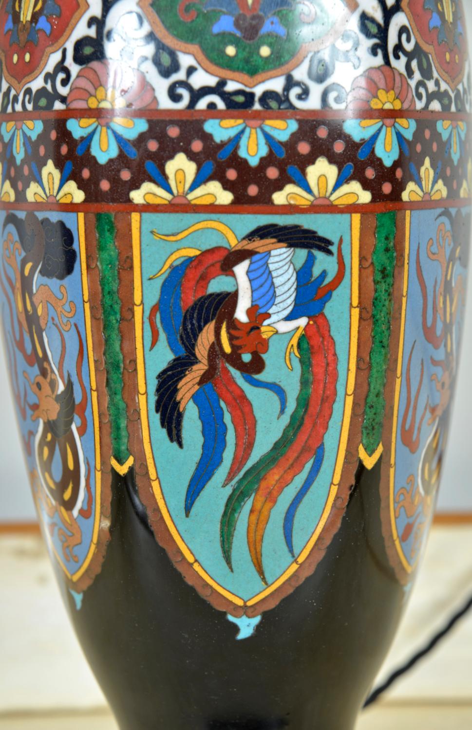 Pair Antique Meiji Japanese Oriental Cloisonne Enamel Vase Table Lamps Black For Sale 4