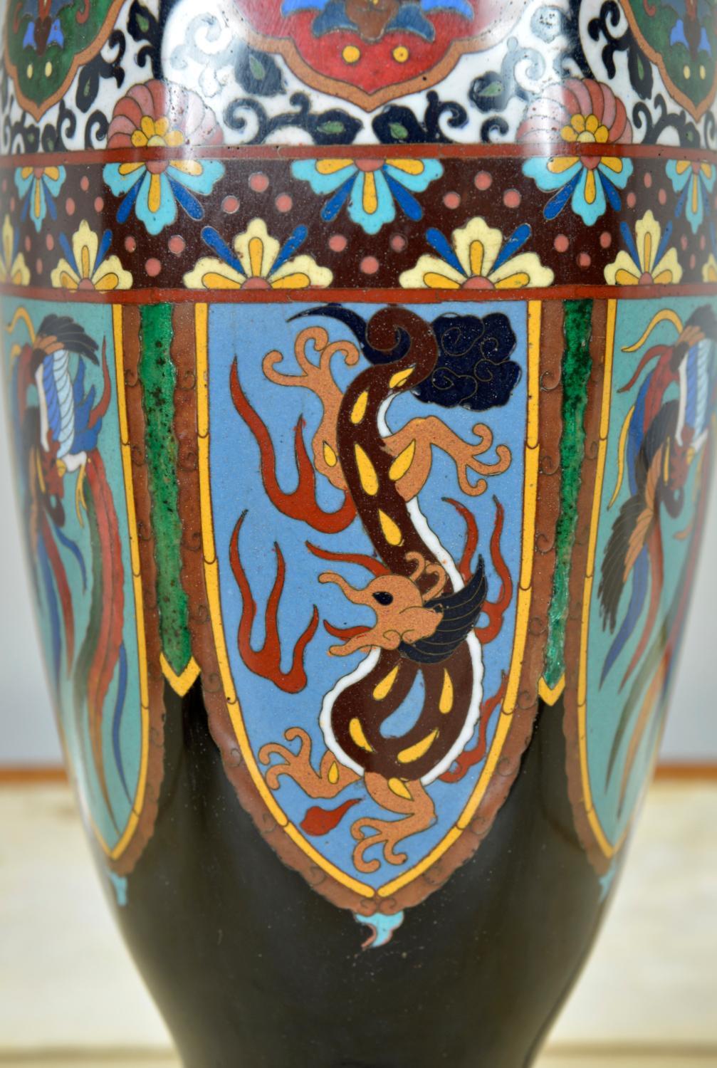 Pair Antique Meiji Japanese Oriental Cloisonne Enamel Vase Table Lamps Black For Sale 5
