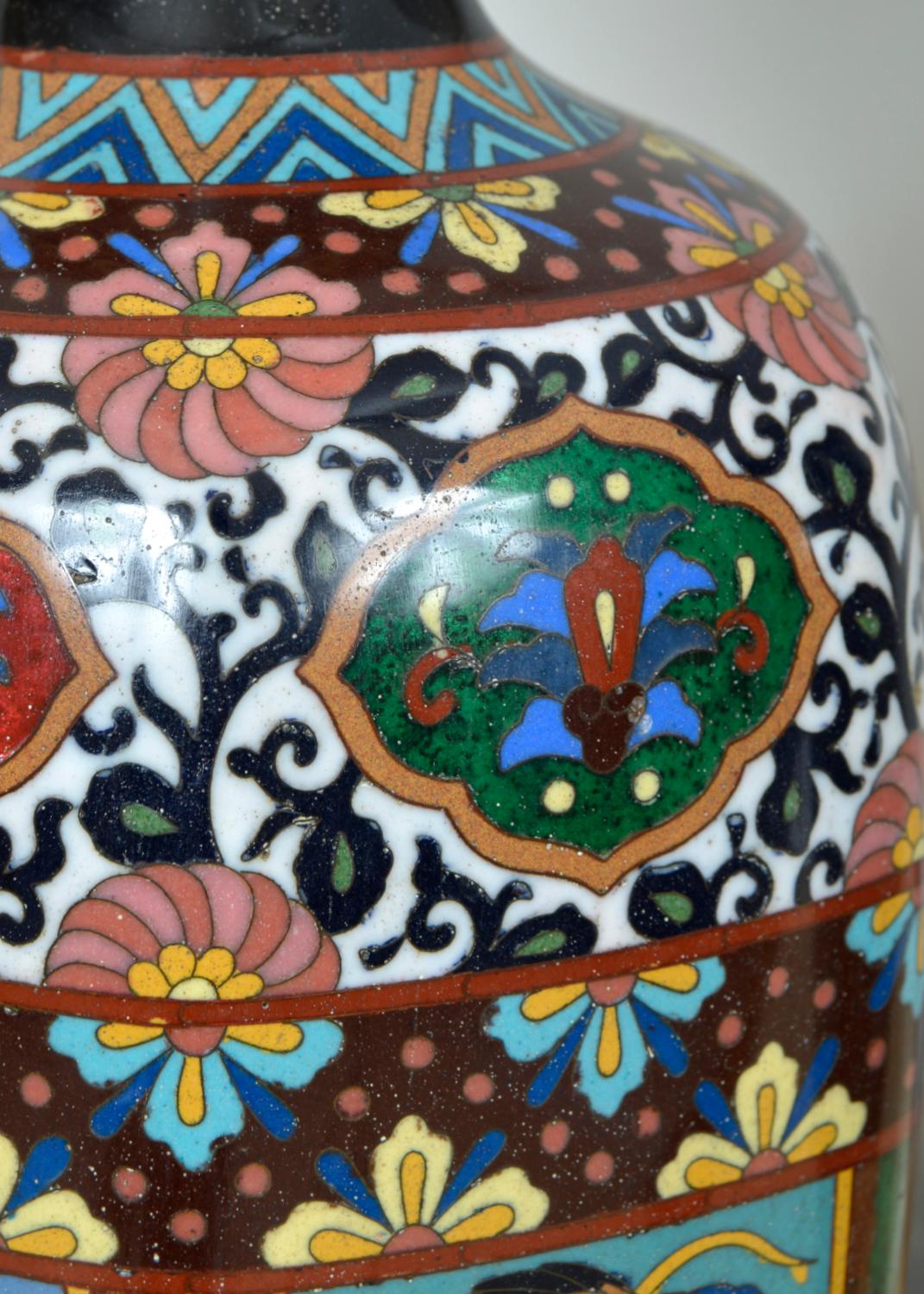 Pair Antique Meiji Japanese Oriental Cloisonne Enamel Vase Table Lamps Black For Sale 8