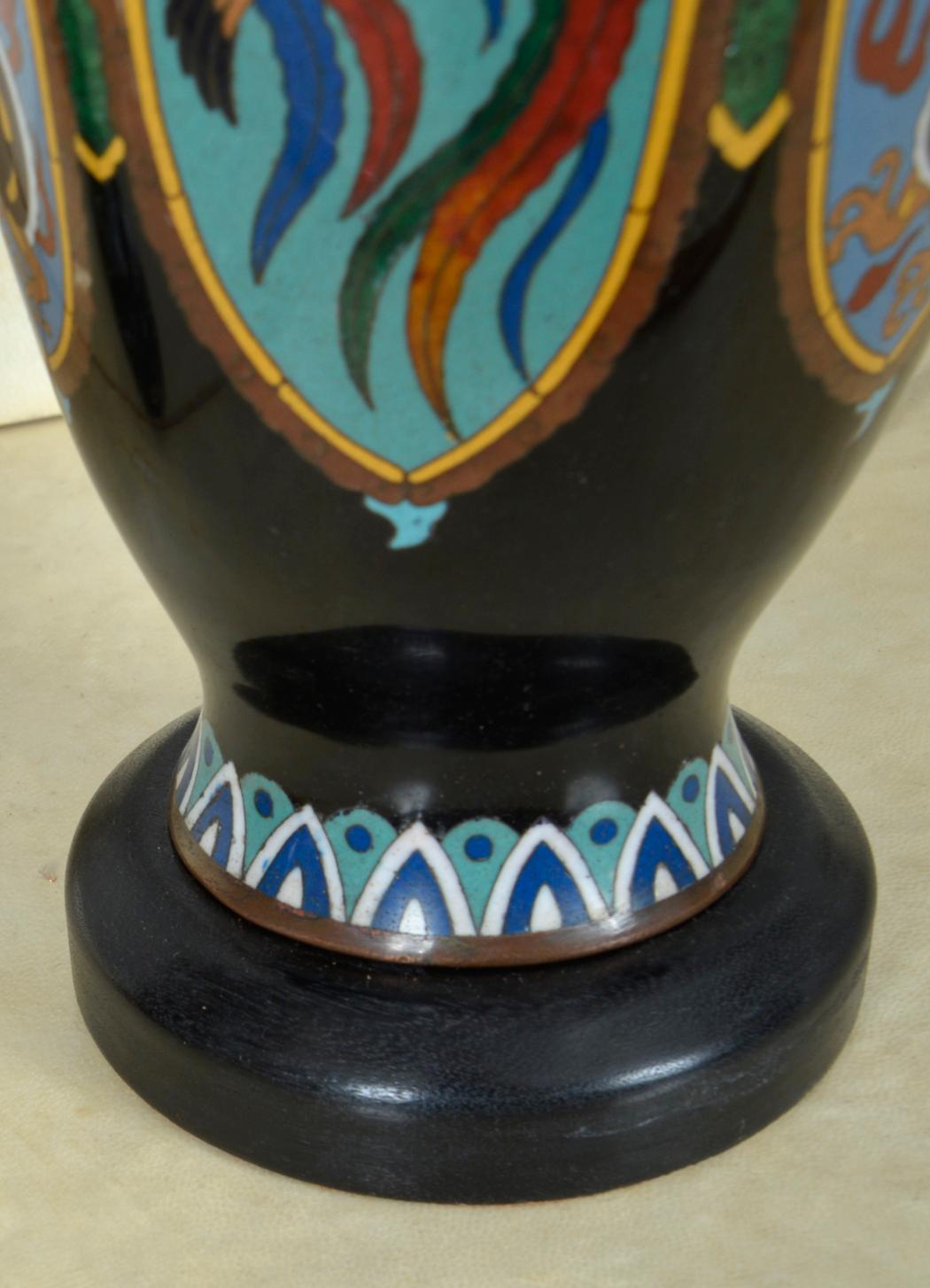 Pair Antique Meiji Japanese Oriental Cloisonne Enamel Vase Table Lamps Black For Sale 9