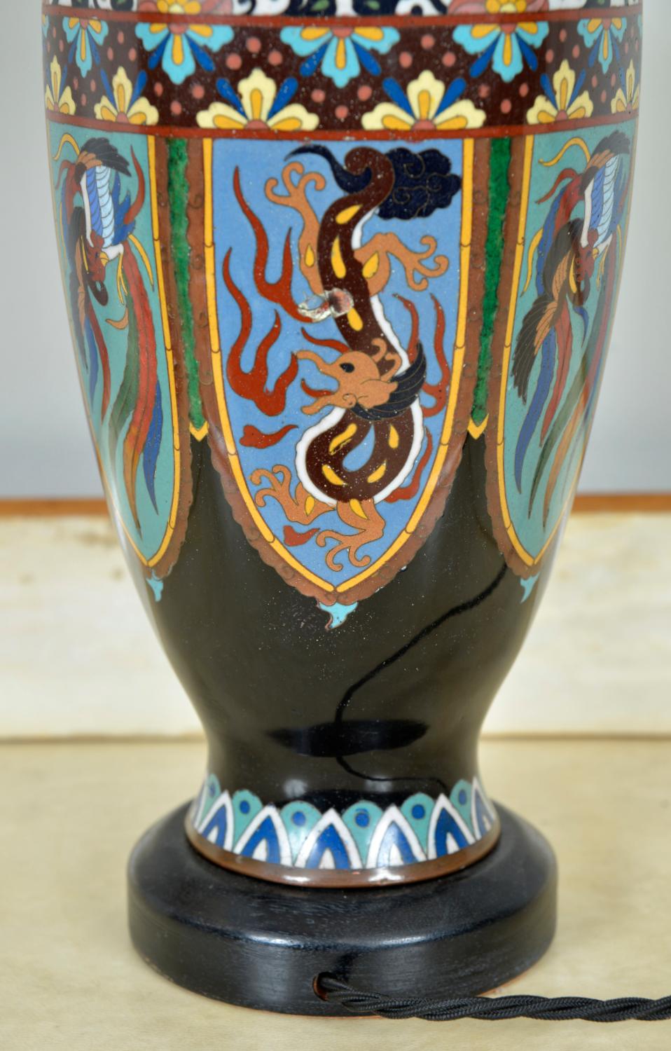 Pair Antique Meiji Japanese Oriental Cloisonne Enamel Vase Table Lamps Black For Sale 12