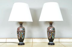 Pair Antique Meiji Japanese Oriental Cloisonne Enamel Vase Table Lamps Black