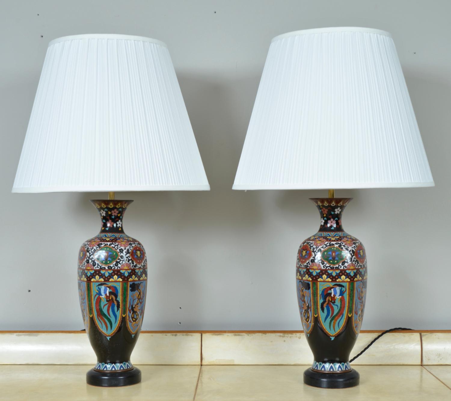 Japonisme Pair Antique Meiji Japanese Oriental Cloisonne Enamel Vase Table Lamps Black For Sale