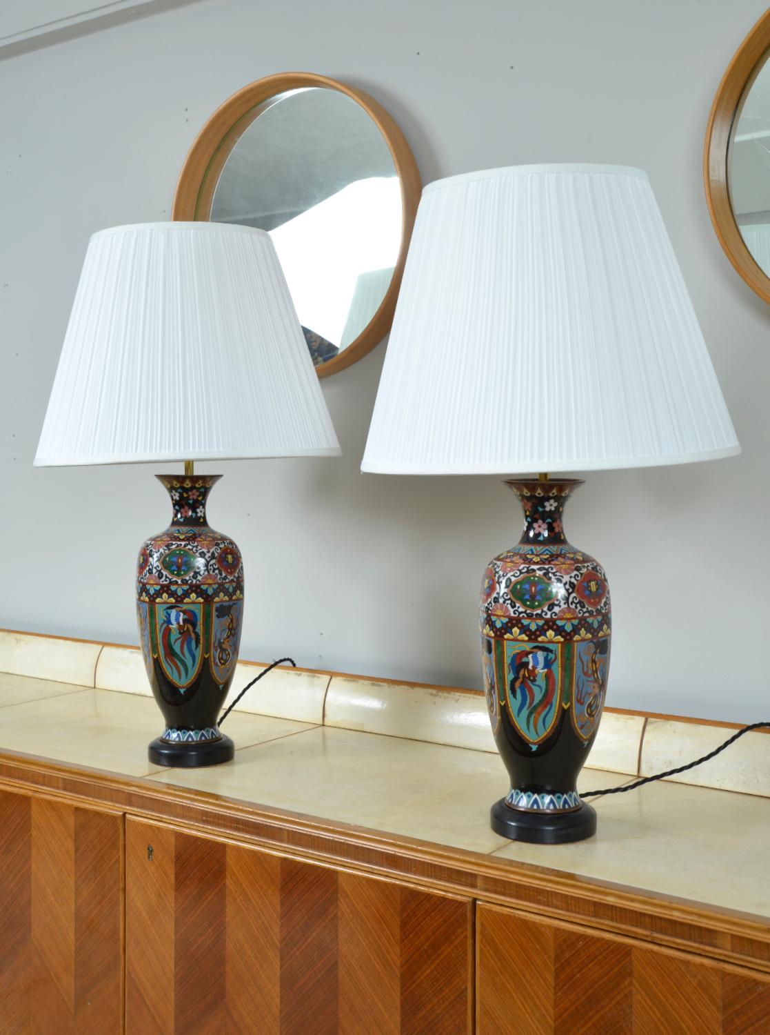 Ebonized Pair Antique Meiji Japanese Oriental Cloisonne Enamel Vase Table Lamps Black For Sale
