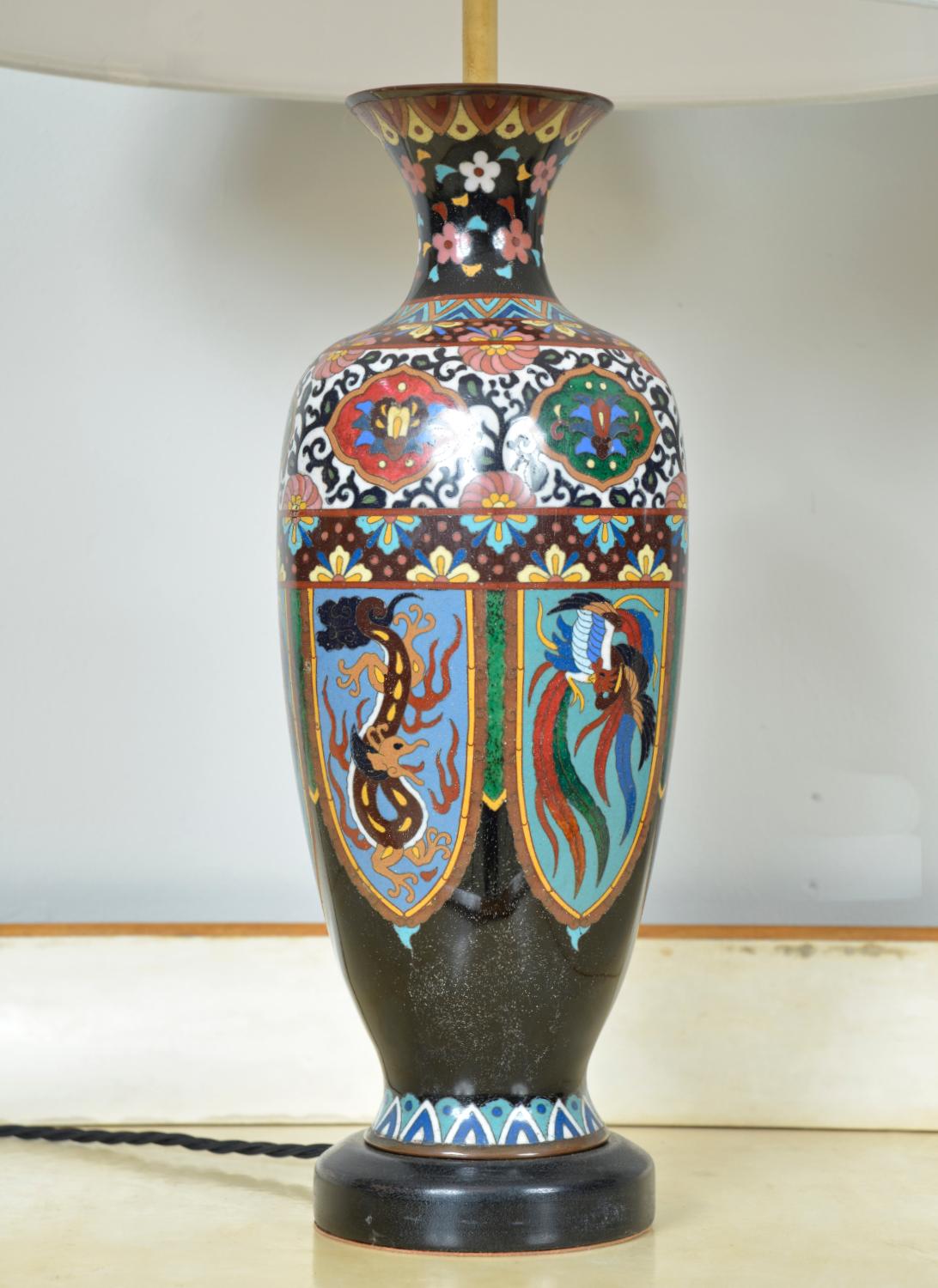 Pair Antique Meiji Japanese Oriental Cloisonne Enamel Vase Table Lamps Black In Good Condition For Sale In Sherborne, Dorset
