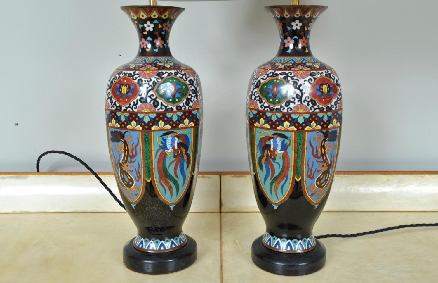Brass Pair Antique Meiji Japanese Oriental Cloisonne Enamel Vase Table Lamps Black For Sale