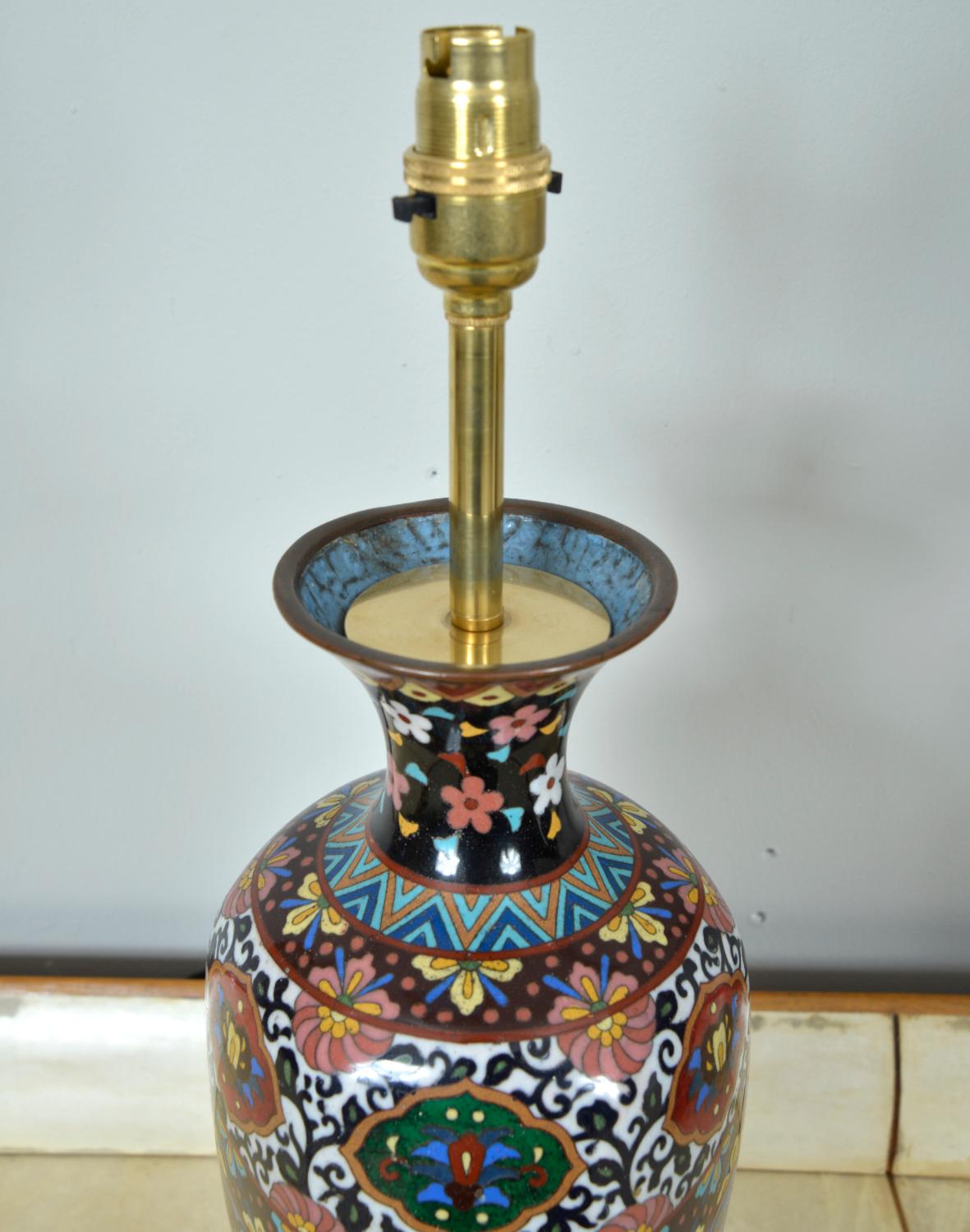 Pair Antique Meiji Japanese Oriental Cloisonne Enamel Vase Table Lamps Black For Sale 1