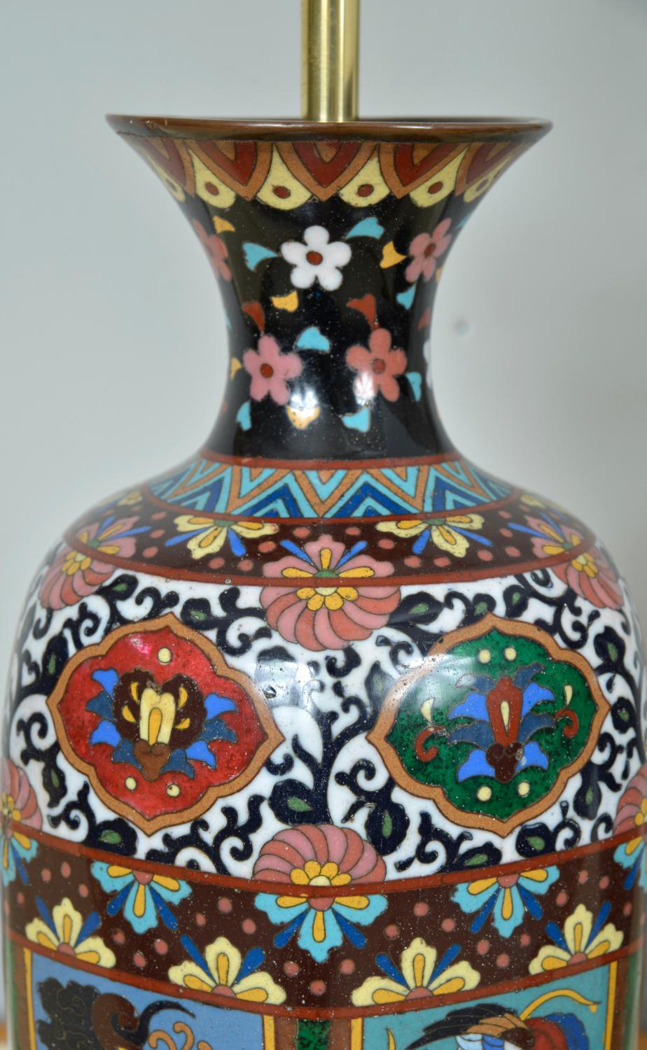 Pair Antique Meiji Japanese Oriental Cloisonne Enamel Vase Table Lamps Black For Sale 2