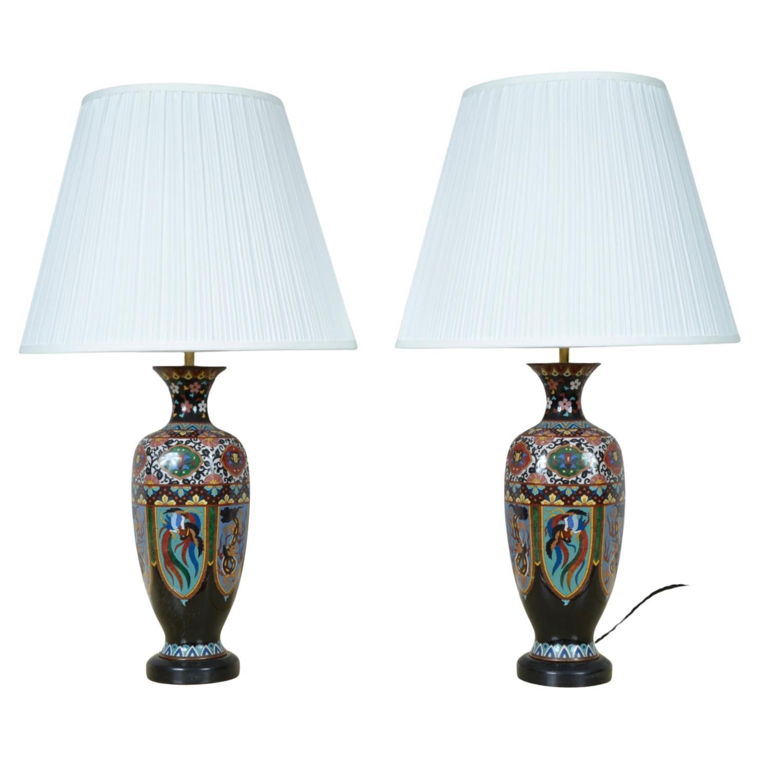 Pair Antique Meiji Japanese Oriental Cloisonne Enamel Vase Table Lamps Black