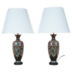 Pair Antique Meiji Japanese Oriental Cloisonne Enamel Vase Table Lamps Black
