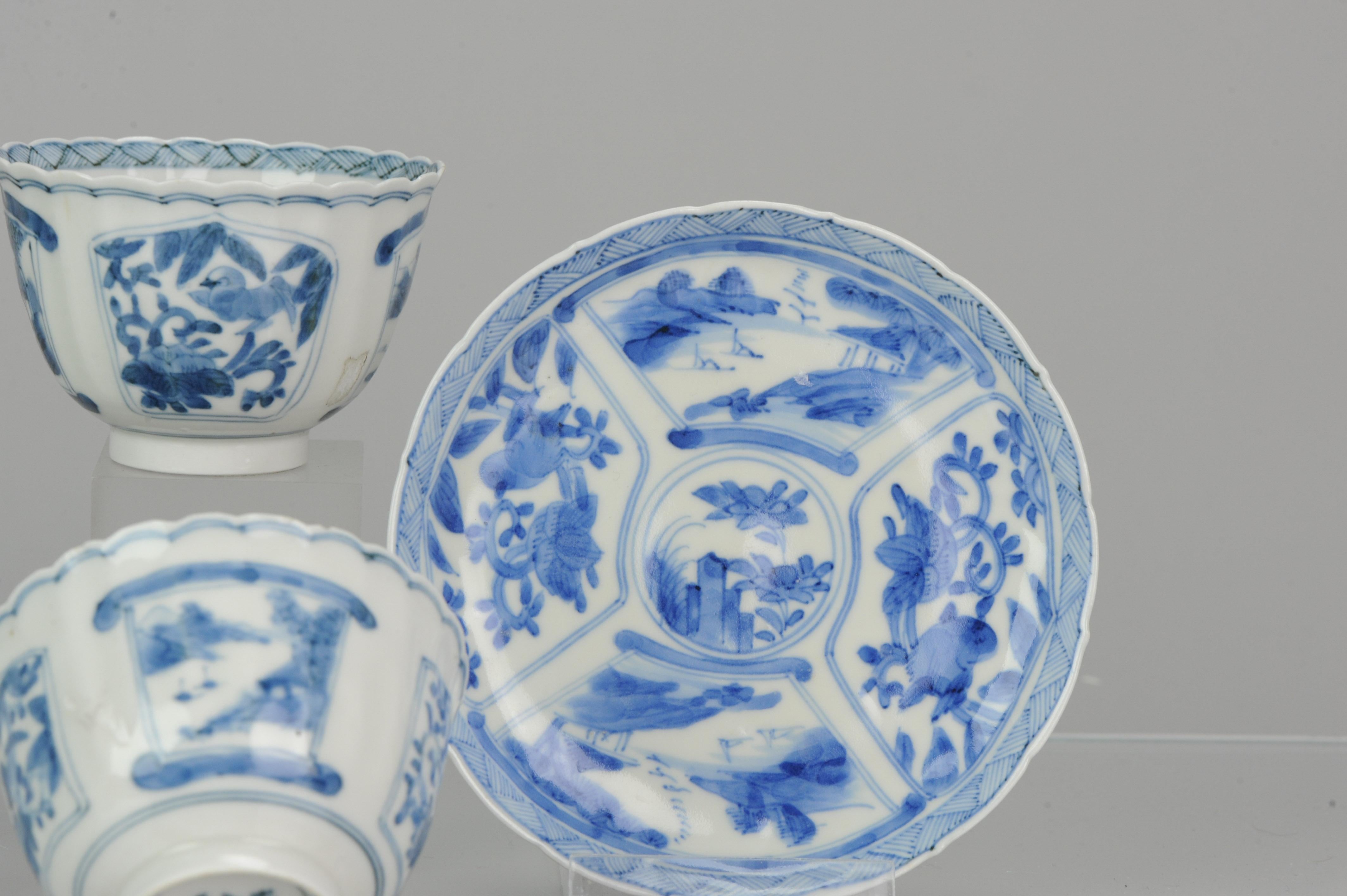 Pair Antique Meiji Porcelain Kangxi Revival Japanese Tea Bowls, 19th Century For Sale 1