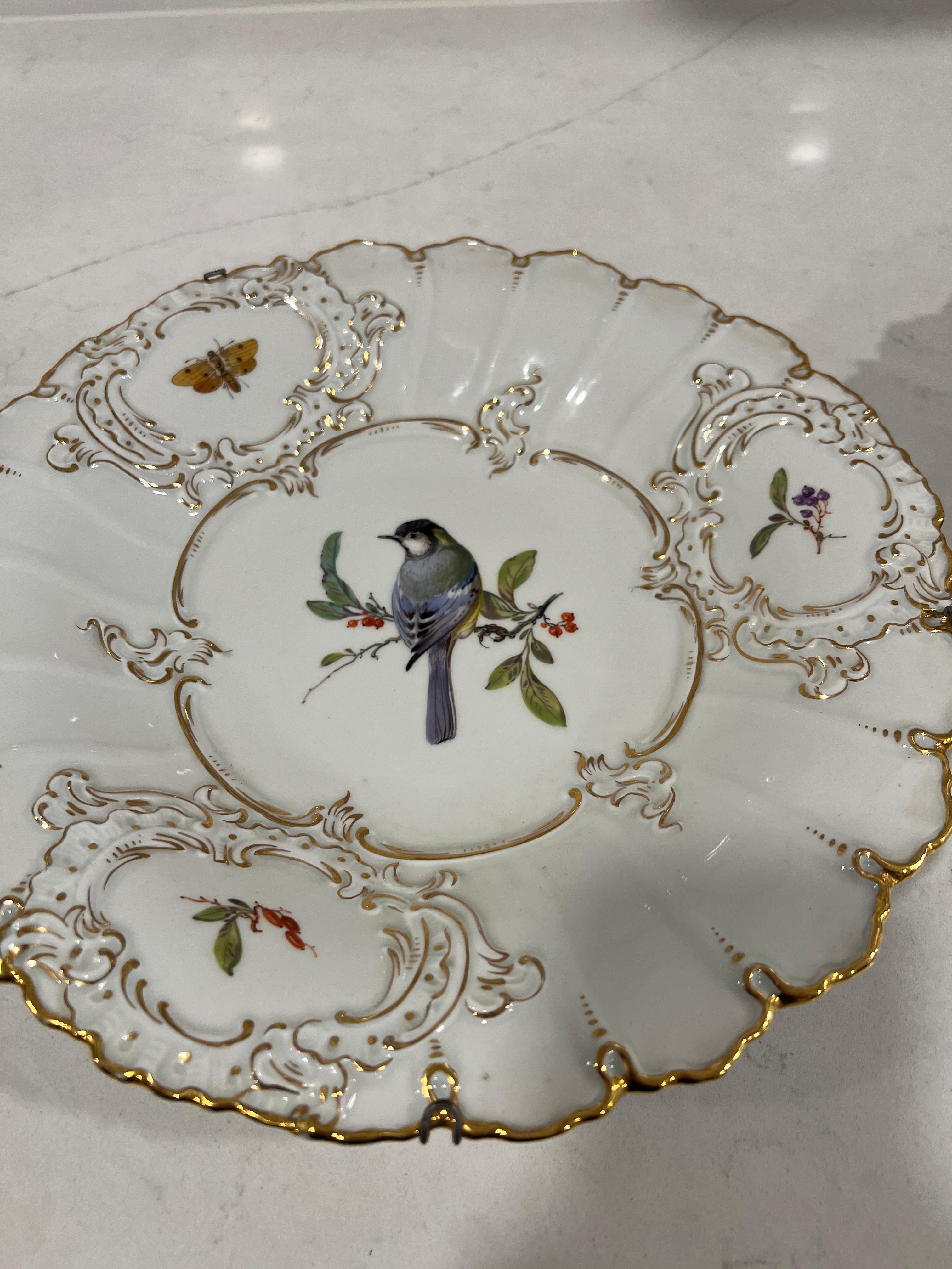 Pair, Antique Meissen Porcelain Ornithological & Gold Encrusted Chargers In Good Condition For Sale In Atlanta, GA
