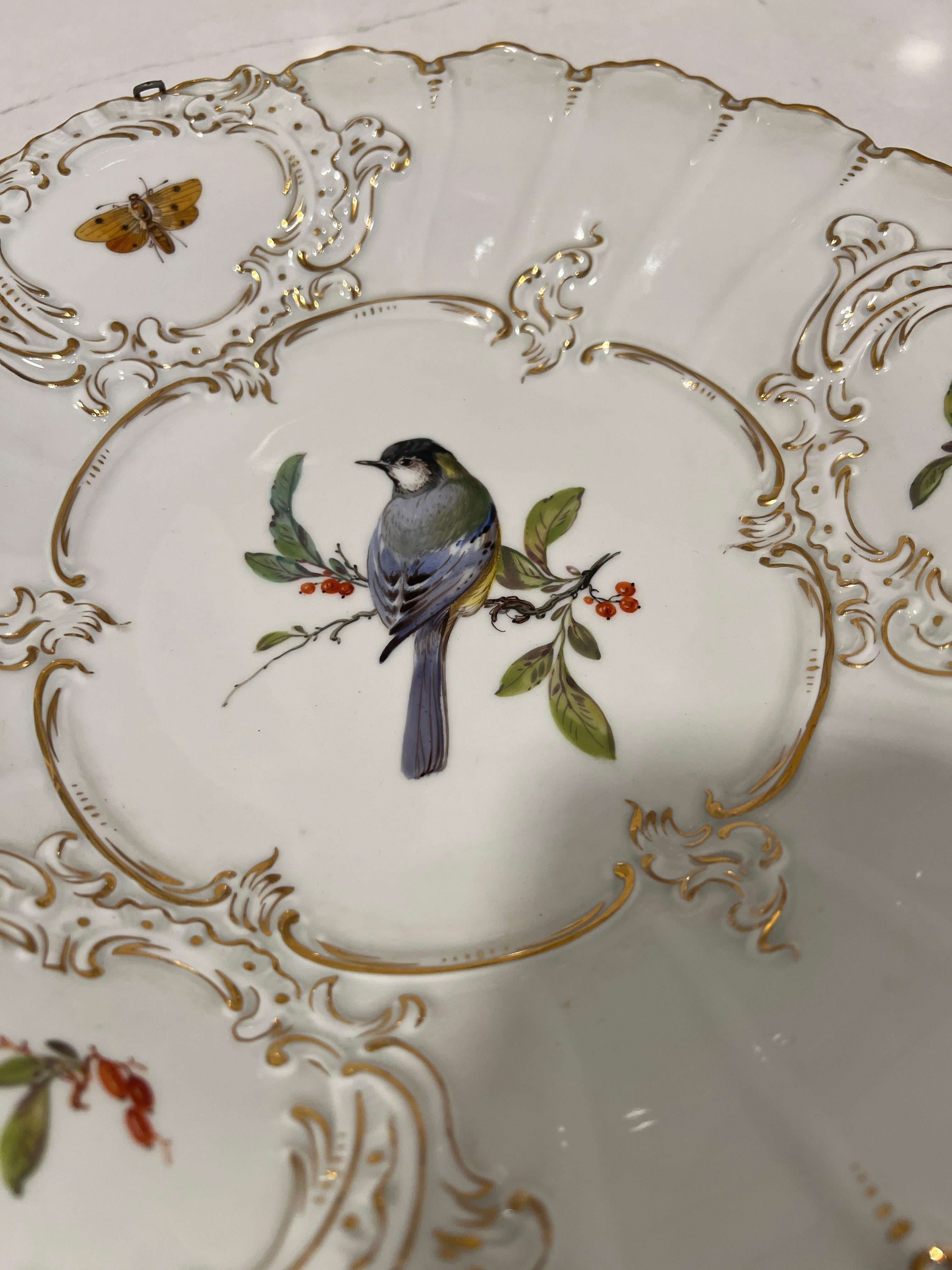 Enamel Pair, Antique Meissen Porcelain Ornithological & Gold Encrusted Chargers For Sale
