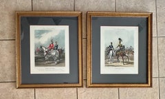 Pair Antique Military Hand-Colored Engravings, Framed