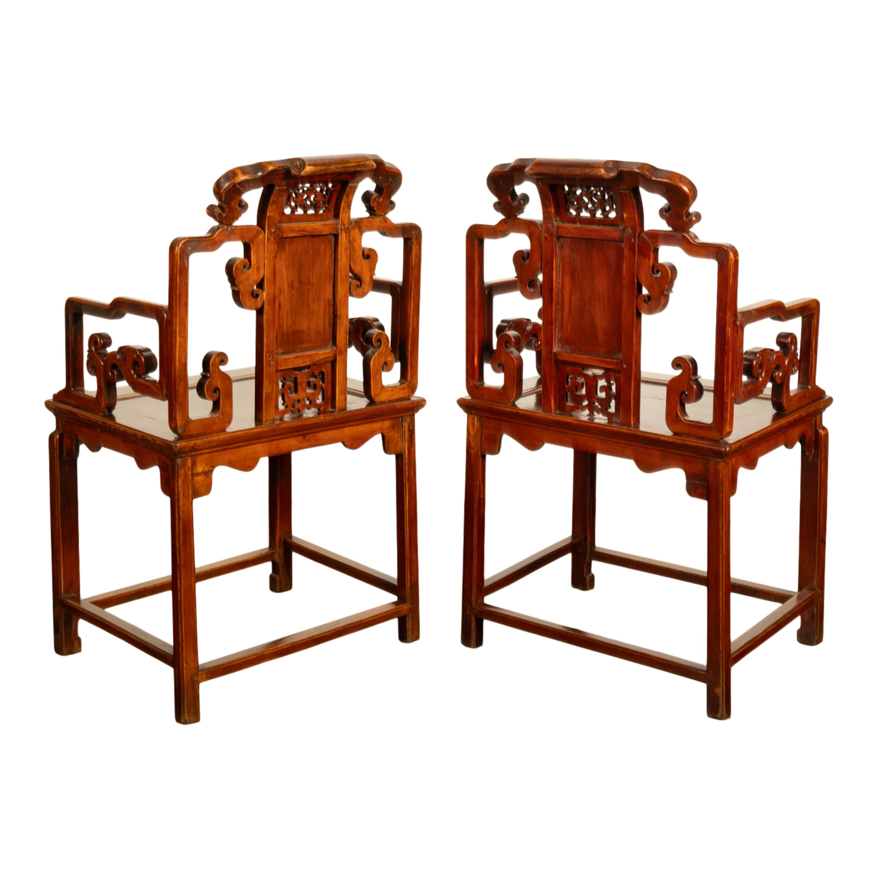 Pair Antique Ming Style Chinese Qing Carved Hardwood Gilt Lacquer Throne Chairs For Sale 7