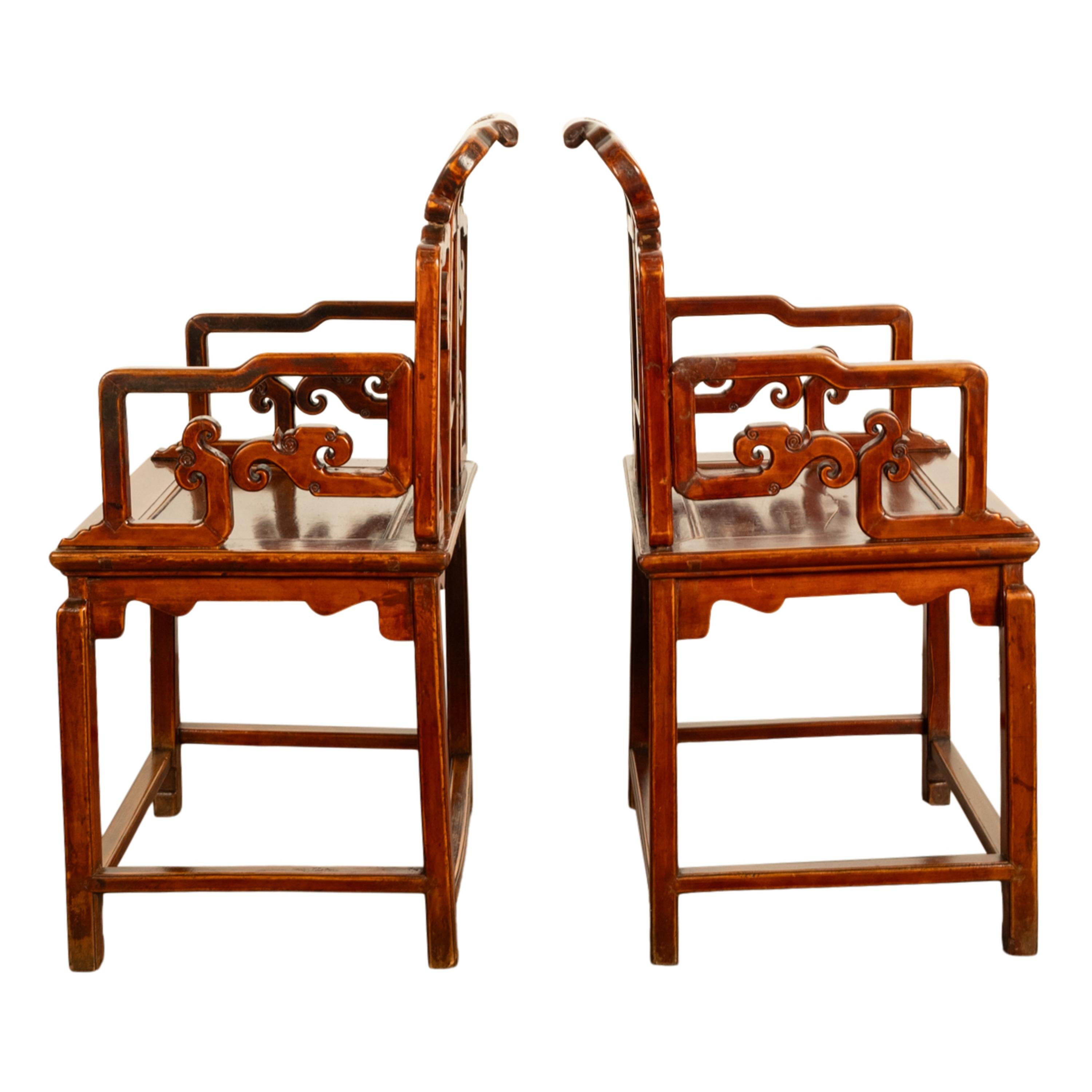 Pair Antique Ming Style Chinese Qing Carved Hardwood Gilt Lacquer Throne Chairs For Sale 8