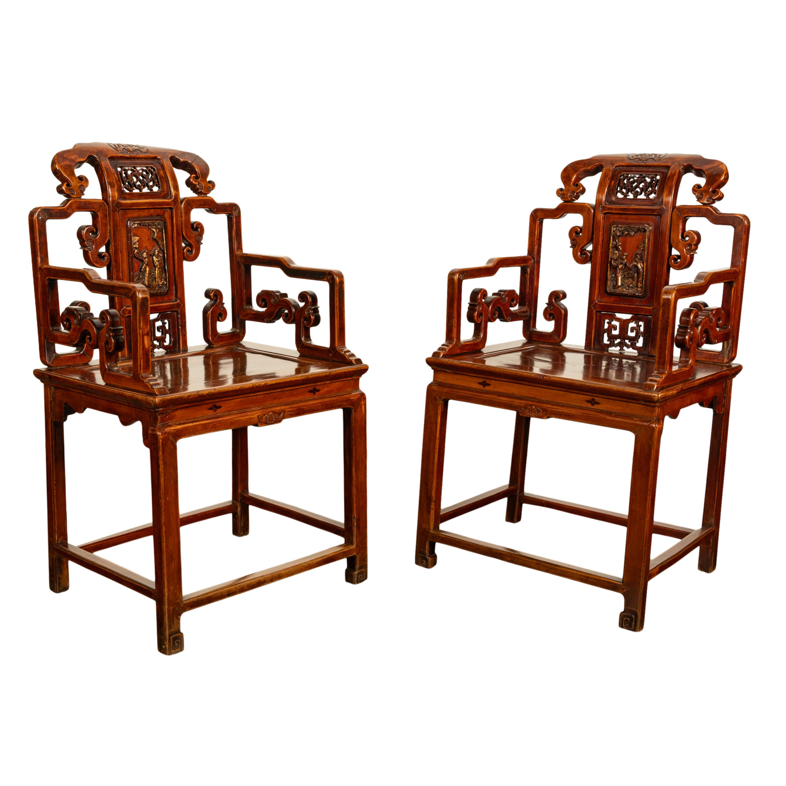 Pair Antique Ming Style Chinese Qing Carved Hardwood Gilt Lacquer Throne Chairs For Sale 9