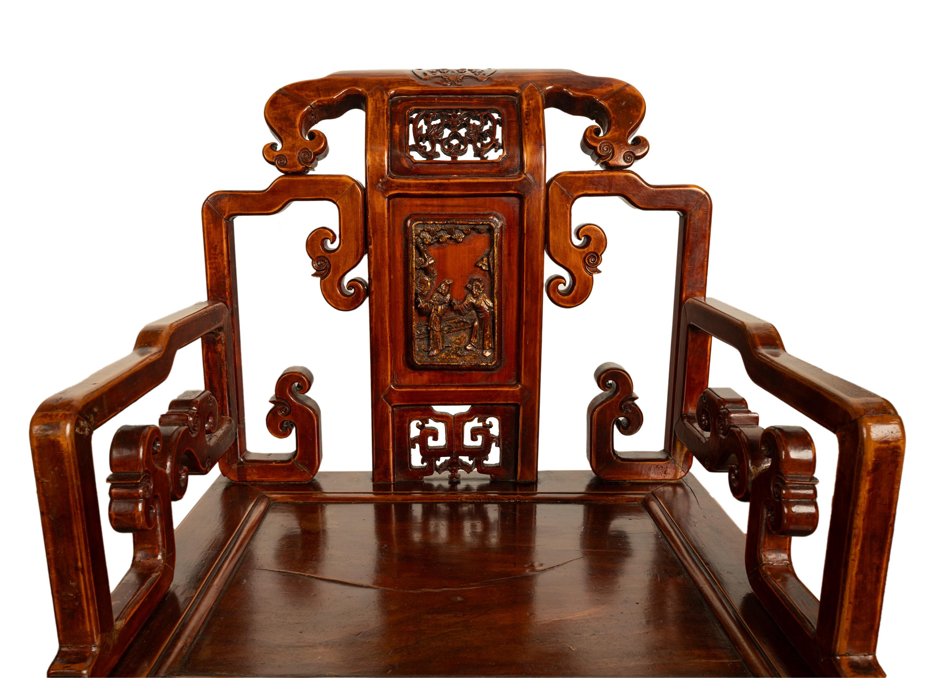 Pair Antique Ming Style Chinese Qing Carved Hardwood Gilt Lacquer Throne Chairs For Sale 11