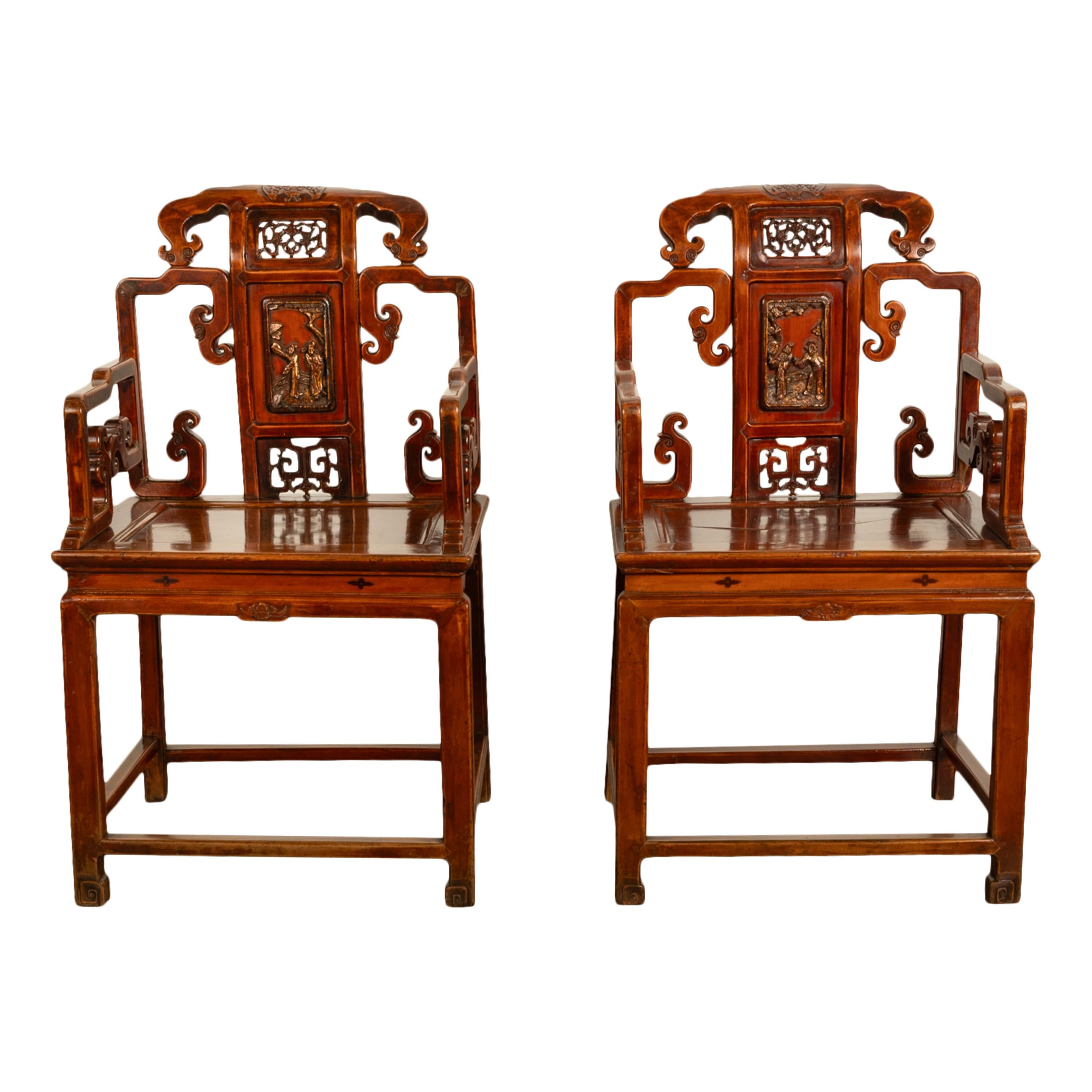 Pair Antique Ming Style Chinese Qing Carved Hardwood Gilt Lacquer Throne Chairs In Good Condition For Sale In Portland, OR