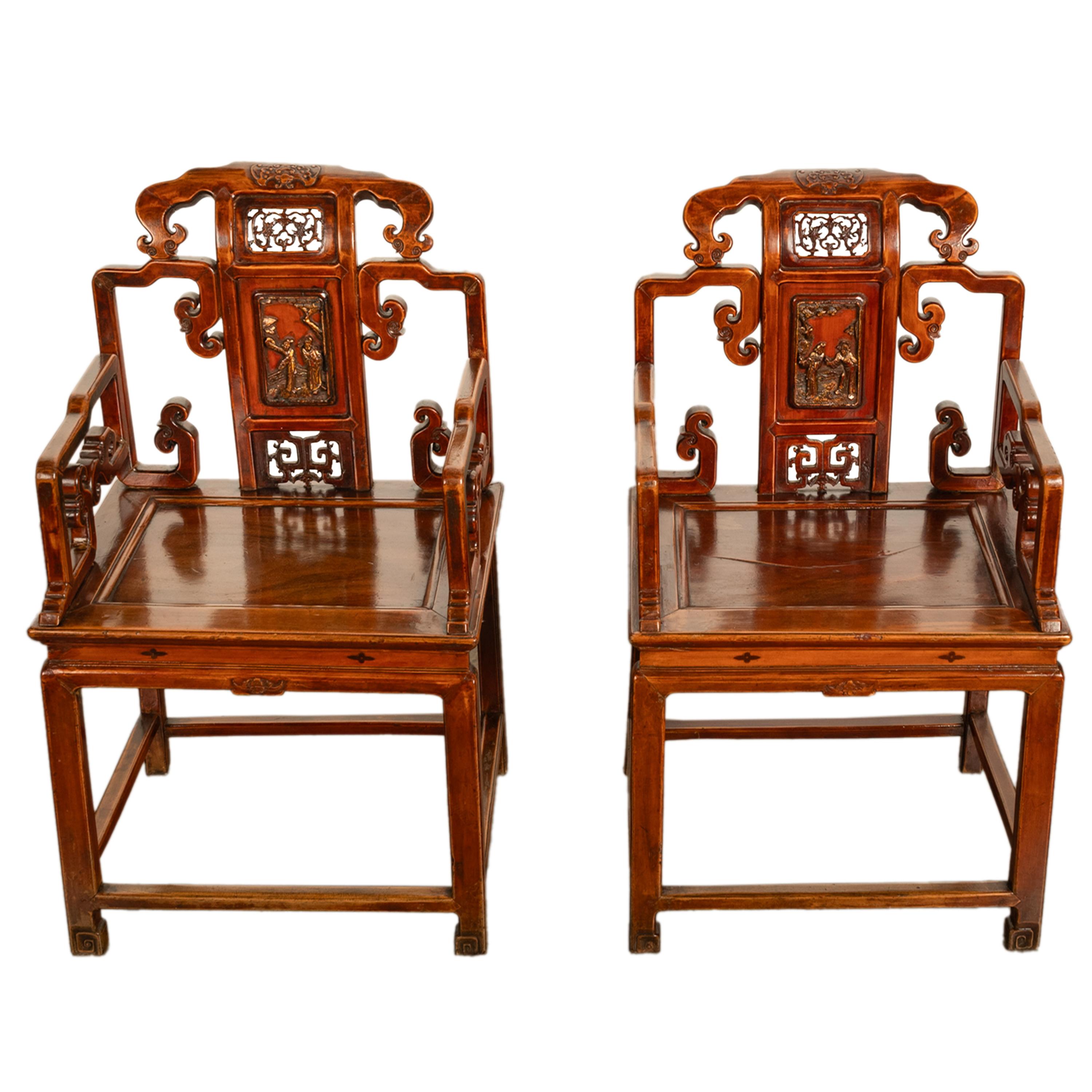 19th Century Pair Antique Ming Style Chinese Qing Carved Hardwood Gilt Lacquer Throne Chairs For Sale