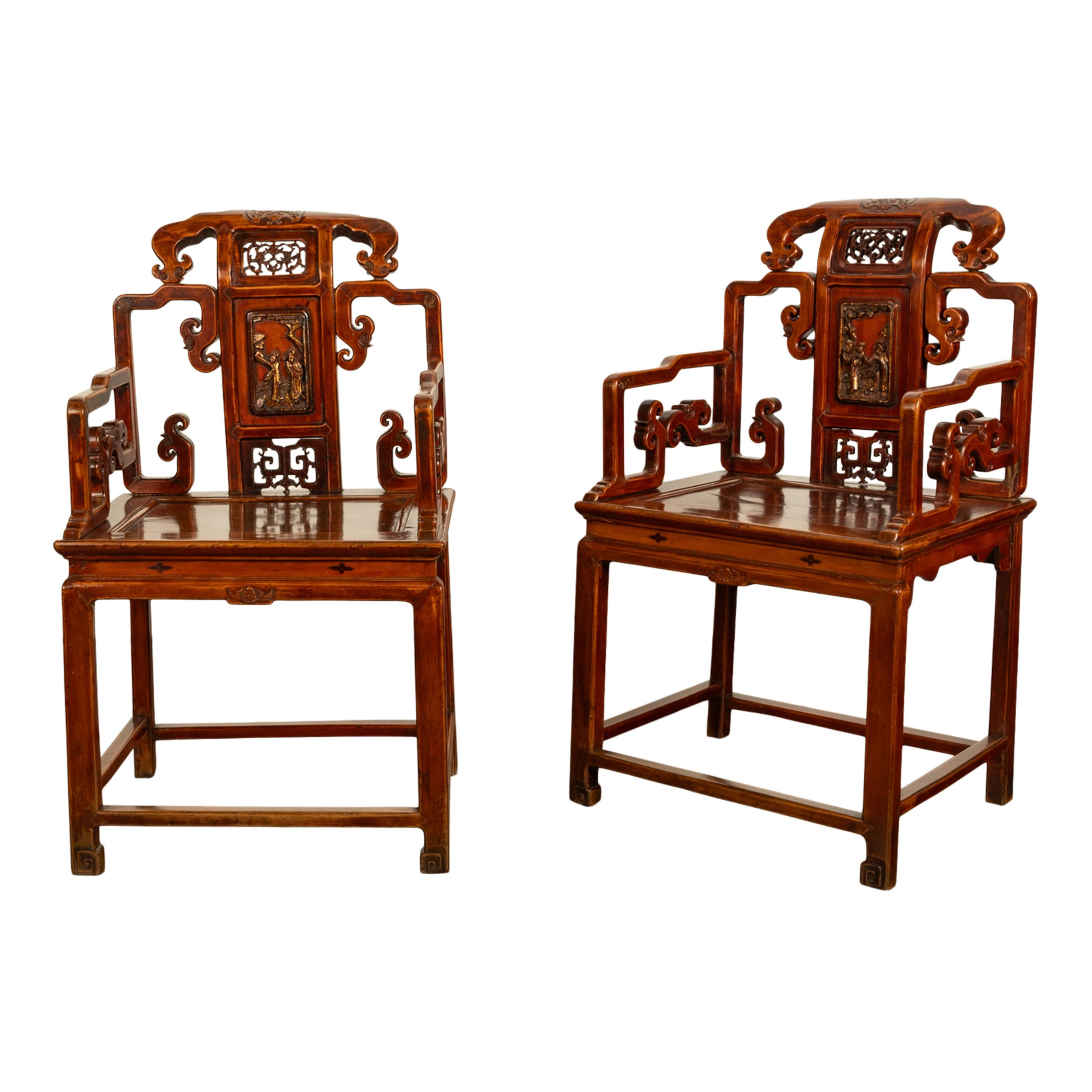Pair Antique Ming Style Chinese Qing Carved Hardwood Gilt Lacquer Throne Chairs For Sale 1