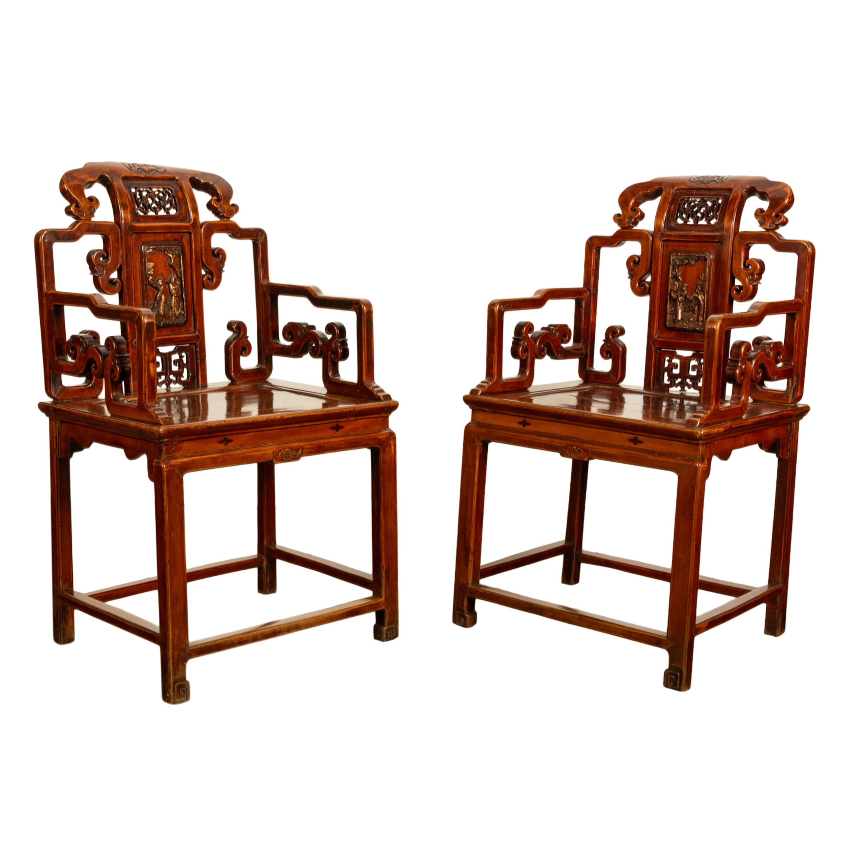 Pair Antique Ming Style Chinese Qing Carved Hardwood Gilt Lacquer Throne Chairs For Sale 2