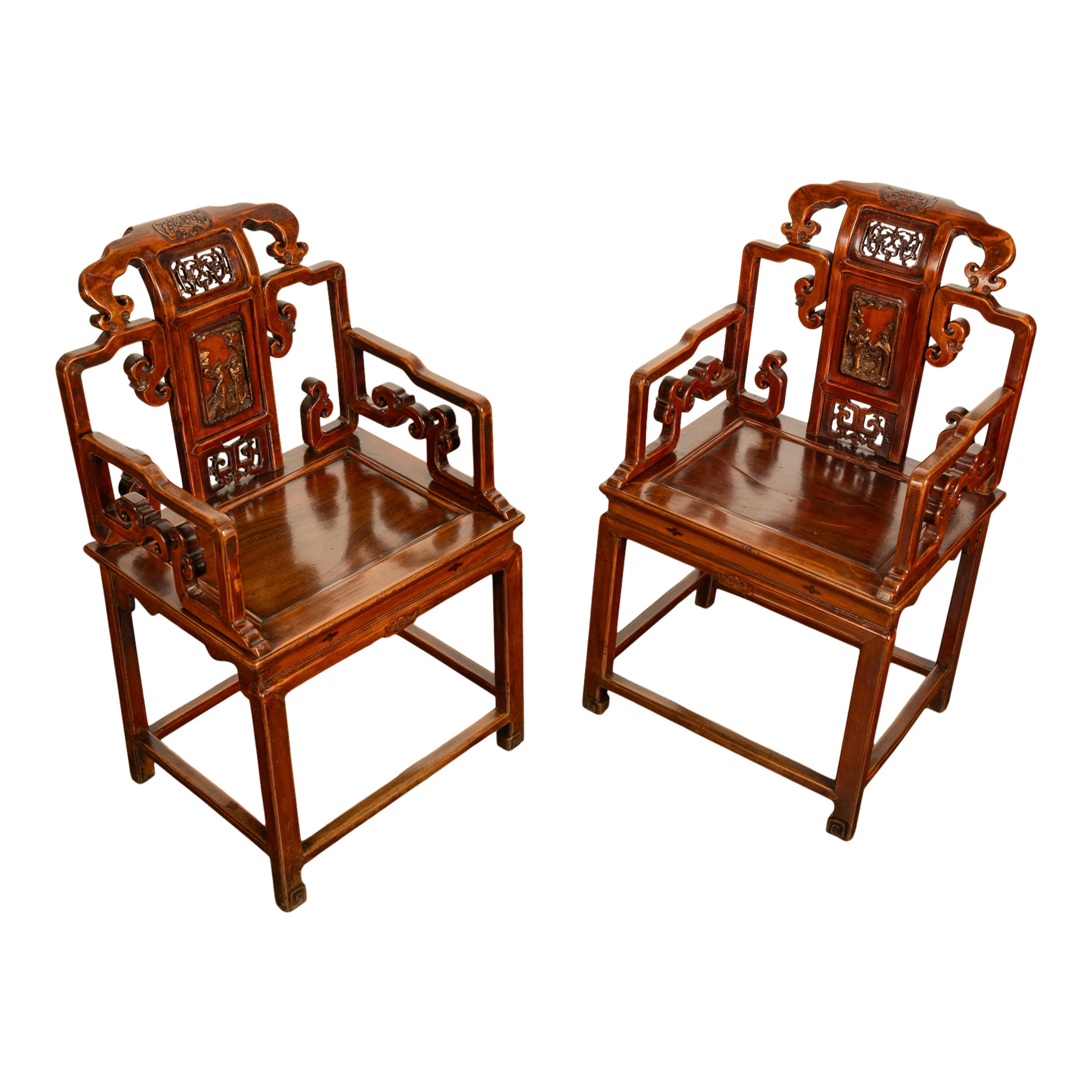 Pair Antique Ming Style Chinese Qing Carved Hardwood Gilt Lacquer Throne Chairs For Sale 3