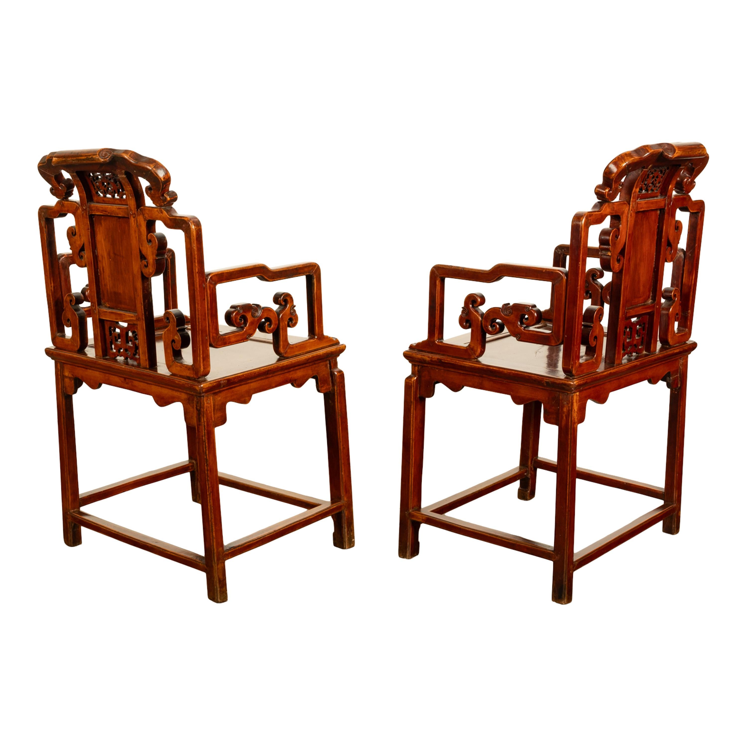 Pair Antique Ming Style Chinese Qing Carved Hardwood Gilt Lacquer Throne Chairs For Sale 5
