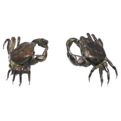 Pair Antique Mini Okimono Bronze Japanese Statue of a Crab Meiji Japan