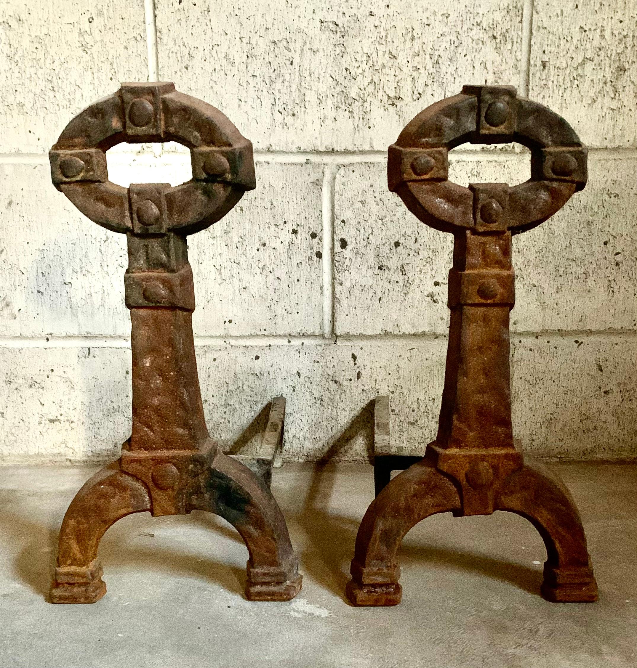 Pair early 20th Century Mission Arts and Crafts style cast iron andirons.
Beautiful, rich original patina.
Proponets of Mission, Prairie School and Arts and Crafts movements in the United States included Frank Lloyd Wright, Gustav Stickley, Charles