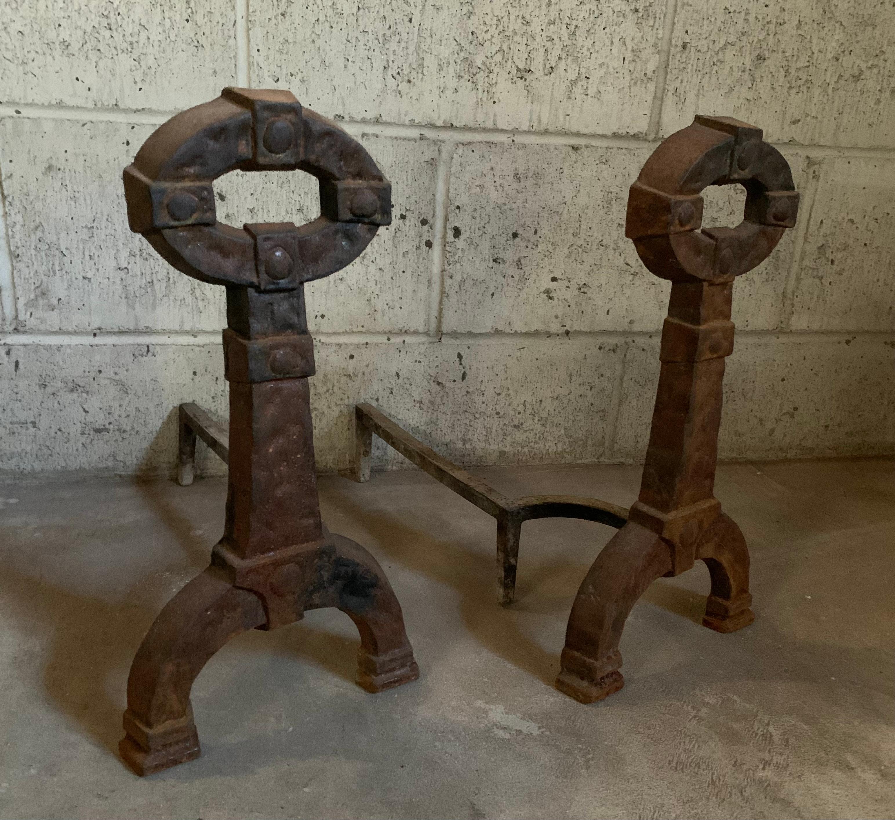 Pair Antique Mission Arts and Crafts Cast Iron Andirons For Sale 2
