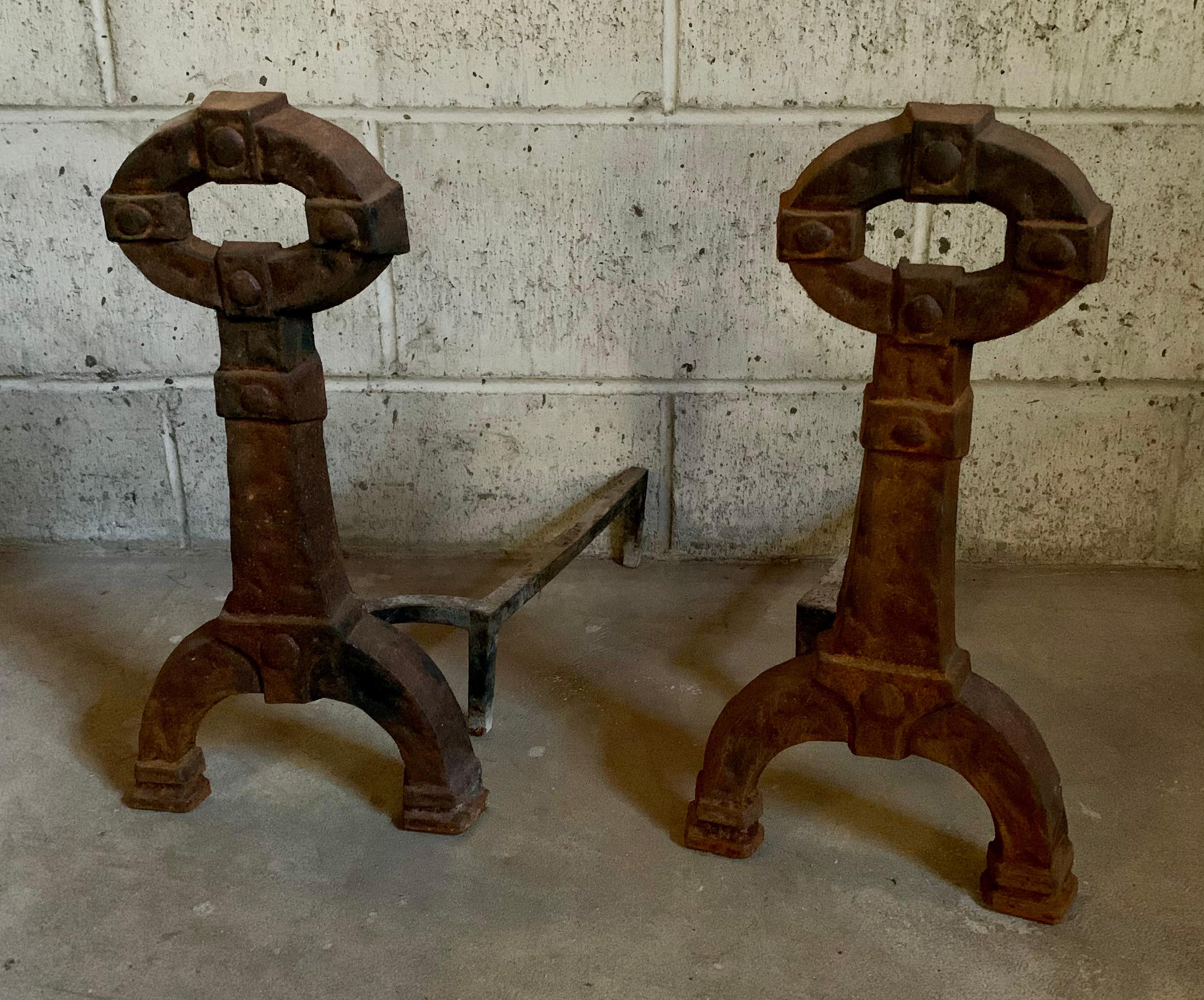 Pair Antique Mission Arts and Crafts Cast Iron Andirons For Sale 3
