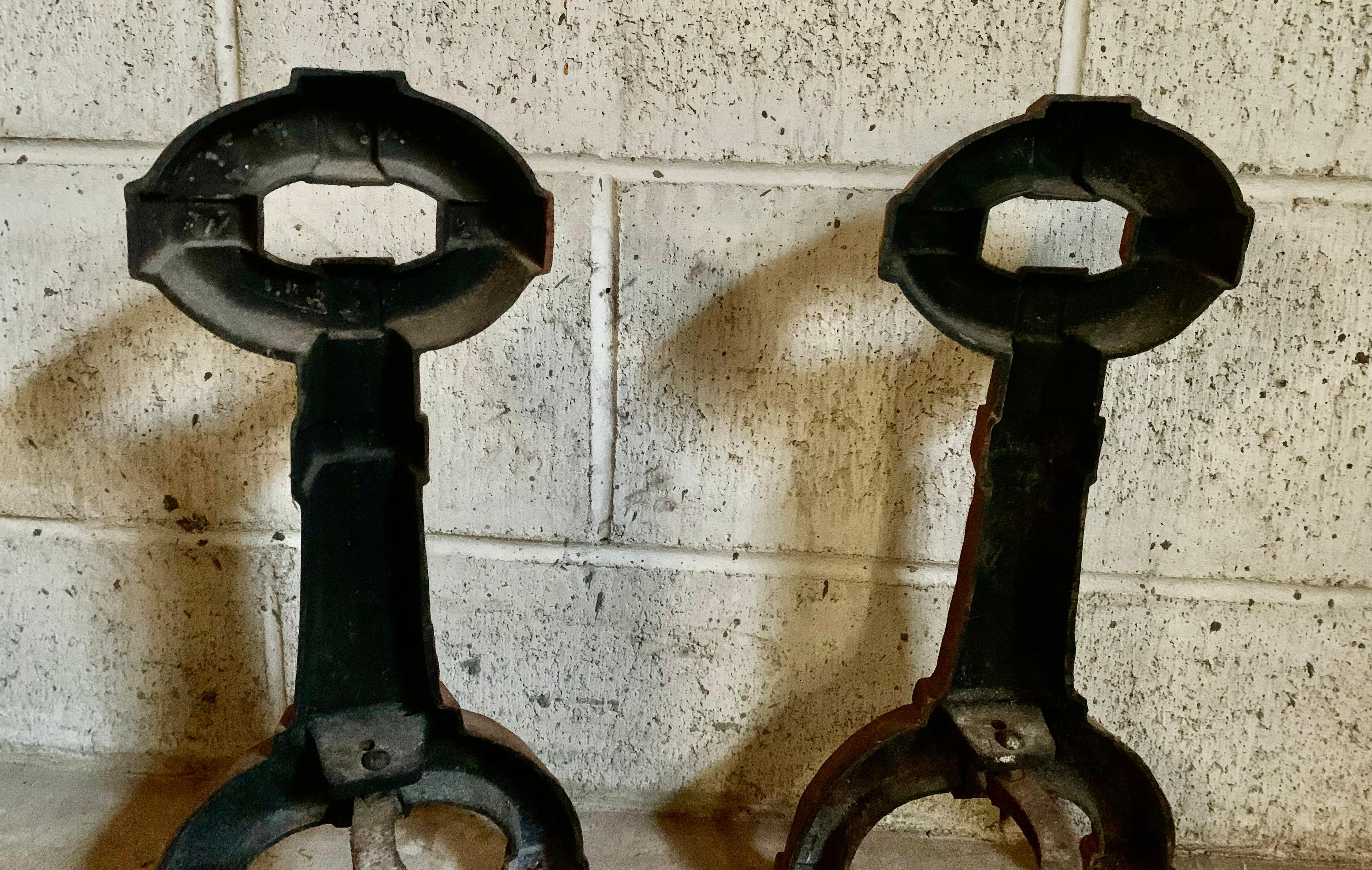 Pair Antique Mission Arts and Crafts Cast Iron Andirons For Sale 4