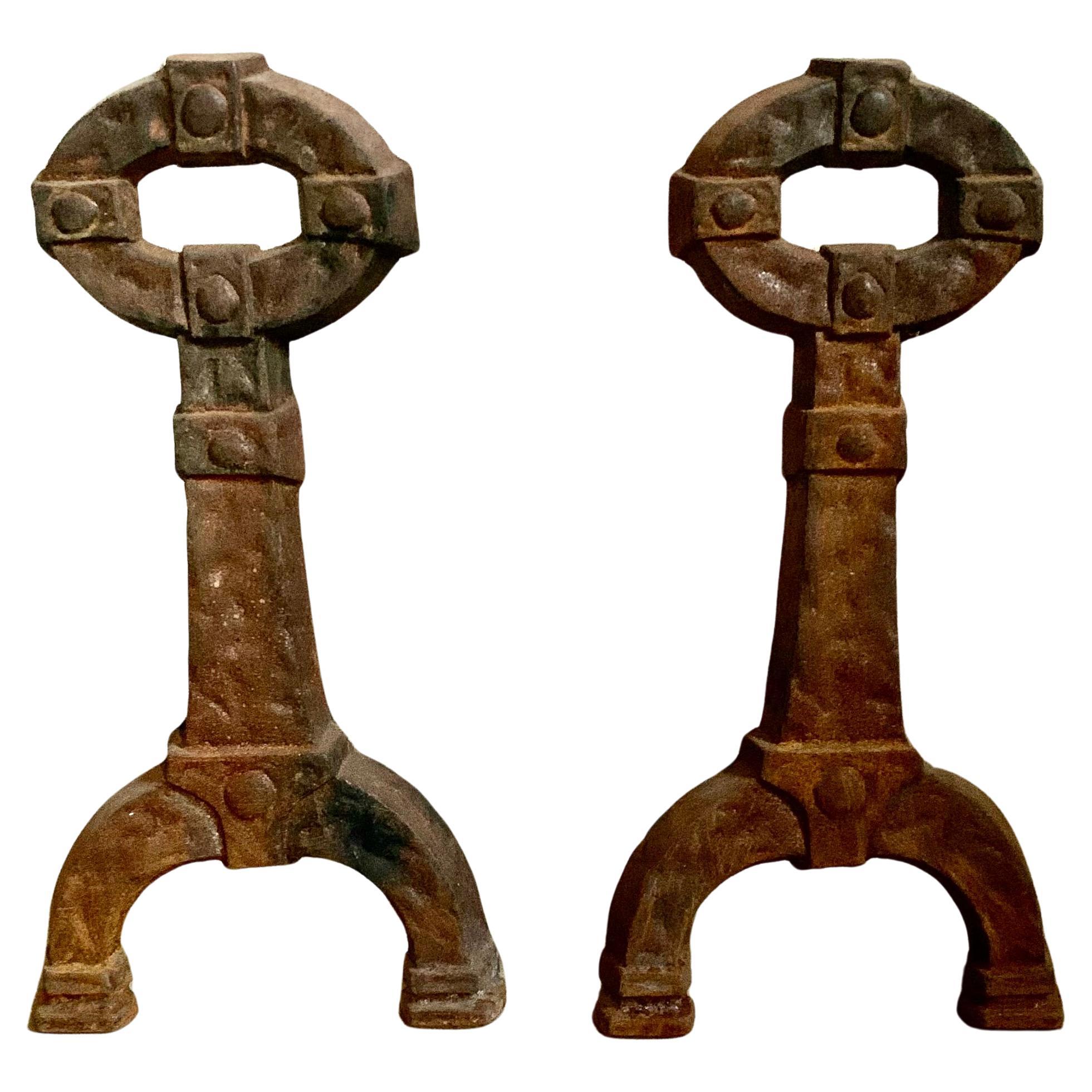 Pair Antique Mission Arts and Crafts Cast Iron Andirons