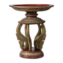 Pair Antique Monumental Thai Wood Naga Offering Pedestal Stands, 24"H