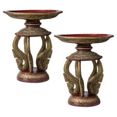 Pair Antique Monumental Thai Wood Naga Offering Pedestal Stands, 24"H