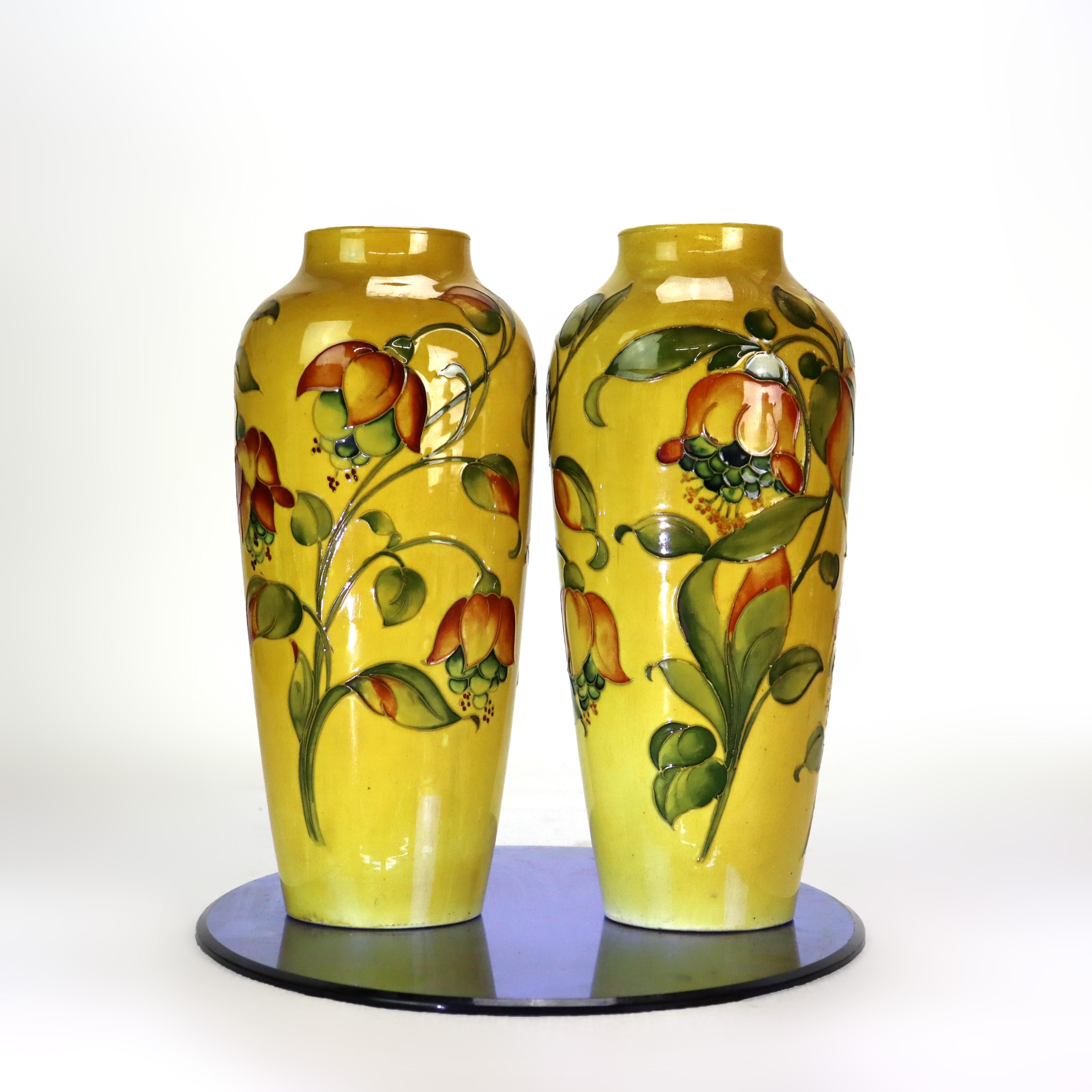 Pair Antique Moorcroft High Glaze Floral Pottery Vase (Drilled for Lamp Bases) (20. Jahrhundert) im Angebot