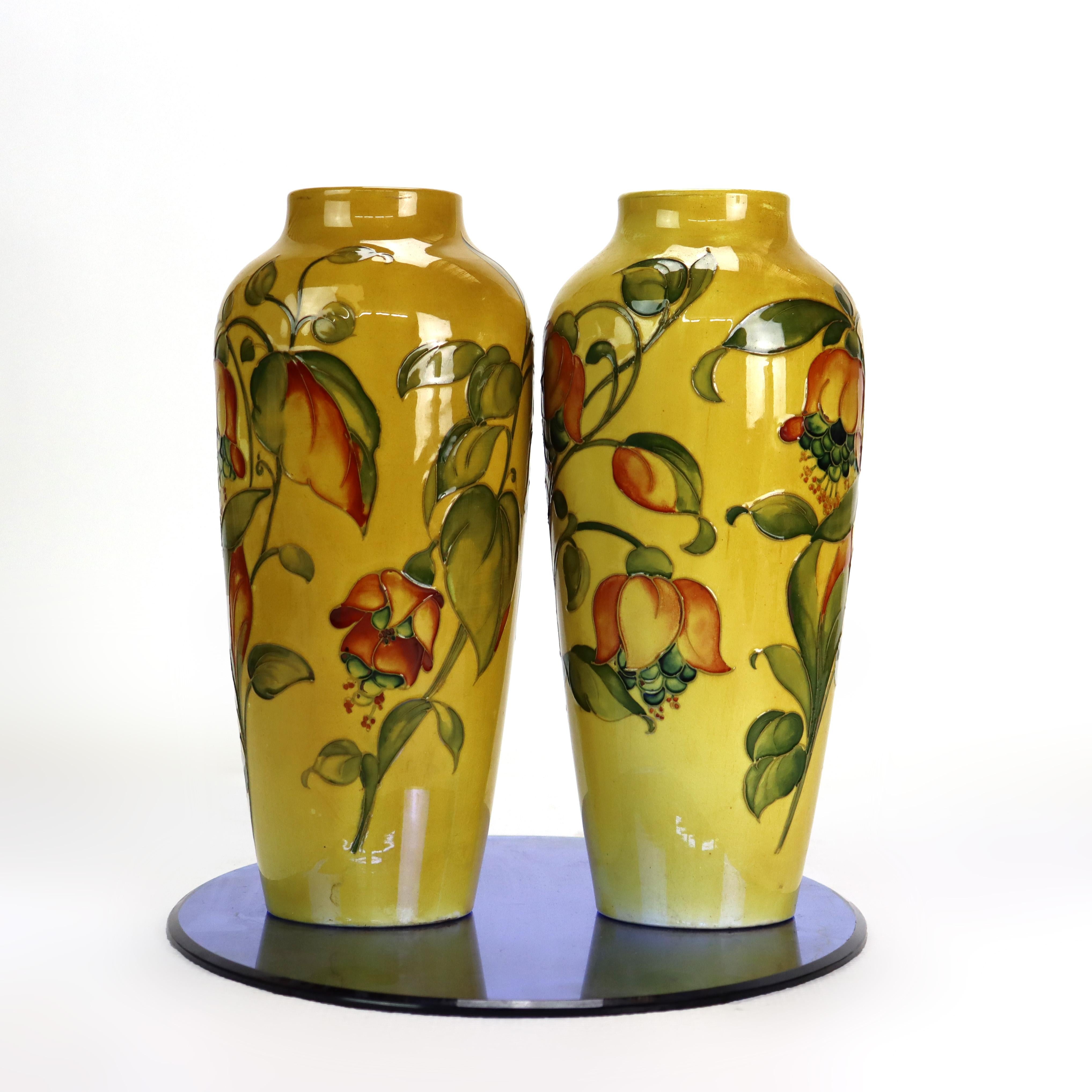 Pair Antique Moorcroft High Glaze Floral Pottery Vase (Drilled for Lamp Bases) (Töpferwaren) im Angebot