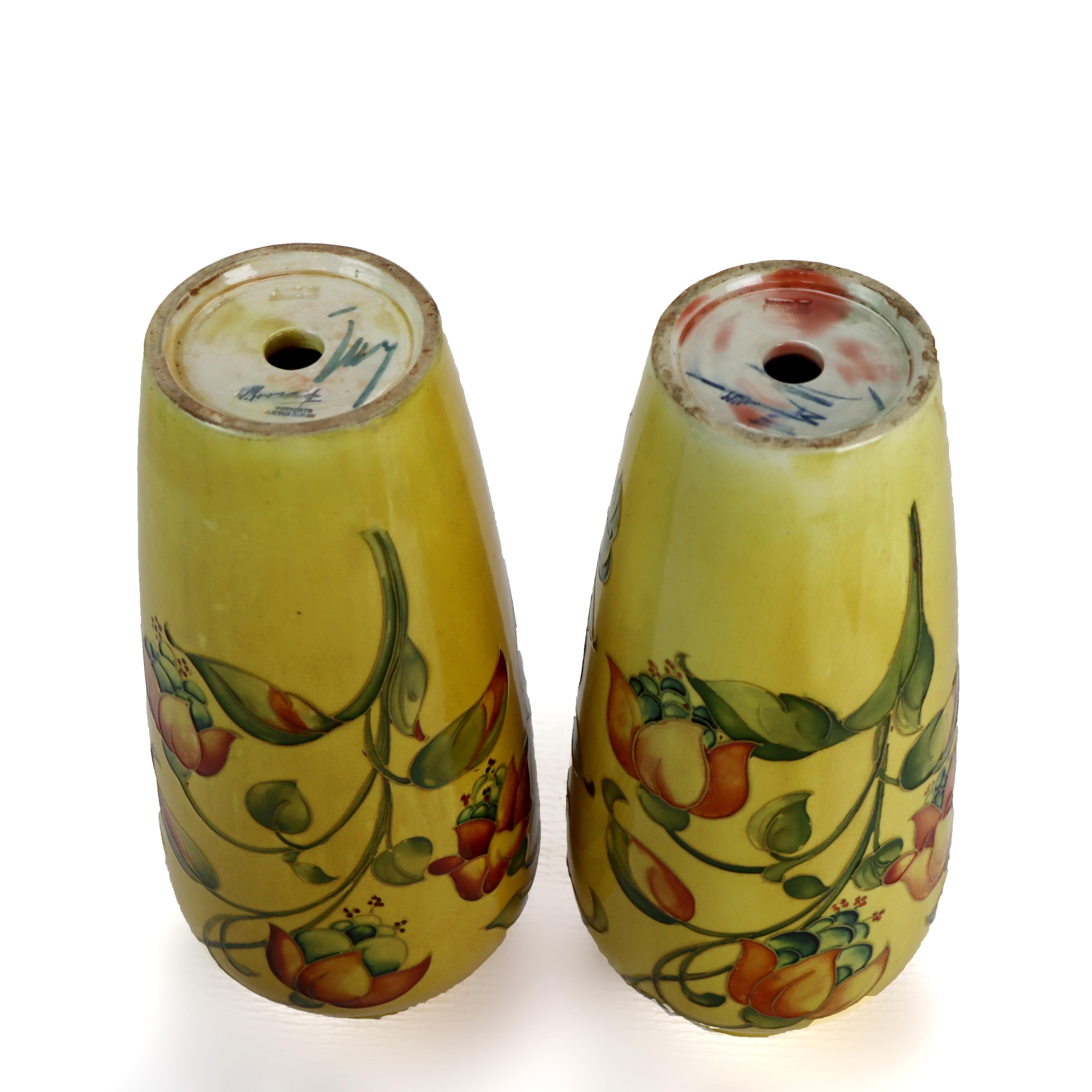 Pair Antique Moorcroft High Glaze Floral Pottery Vase (Drilled for Lamp Bases) im Angebot 1