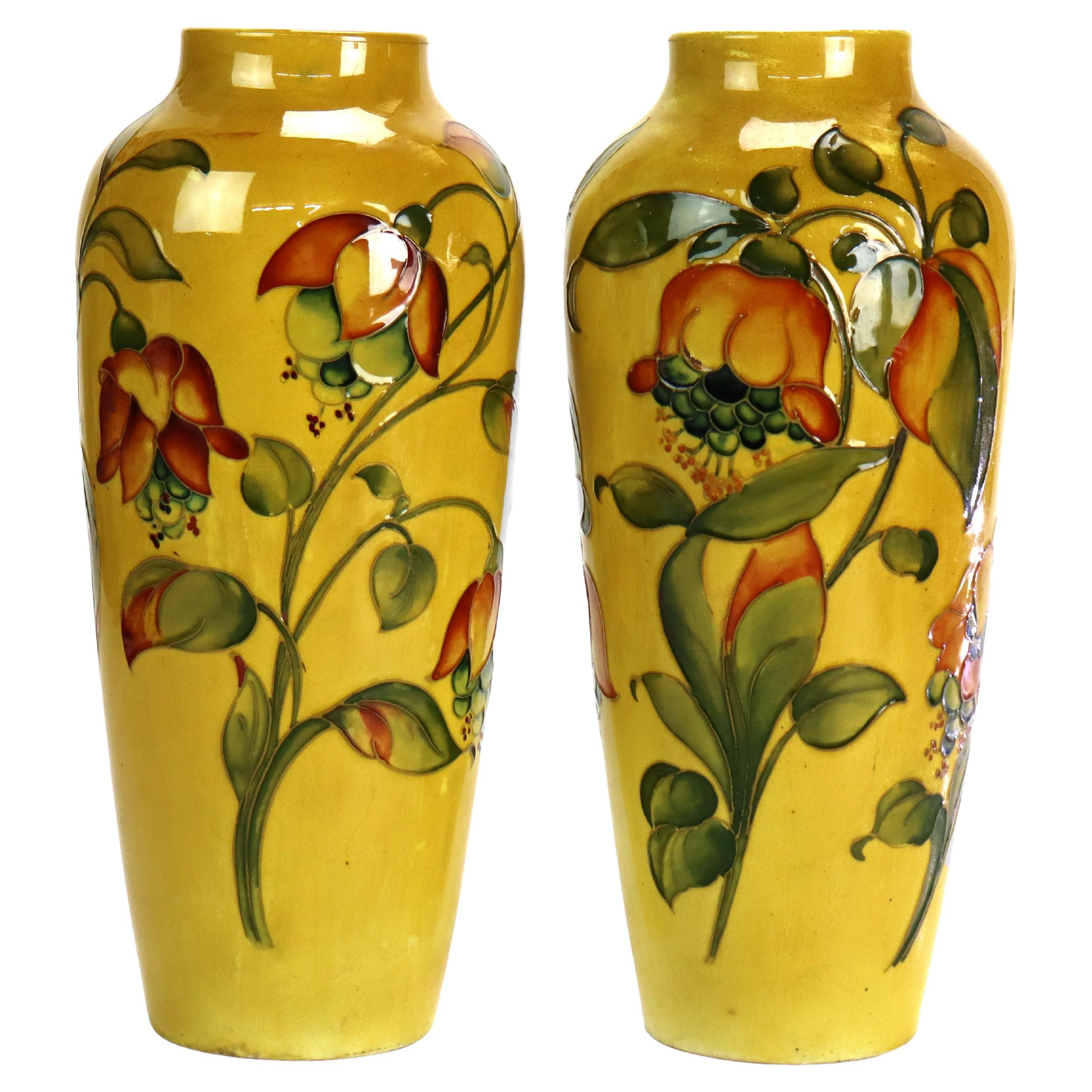 Pair Antique Moorcroft High Glaze Floral Pottery Vase (Drilled for Lamp Bases)