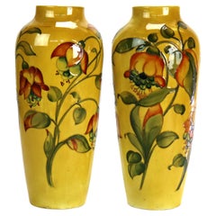 Pair Antique Moorcroft High Glaze Floral Pottery Vase (Drilled for Lamp Bases)