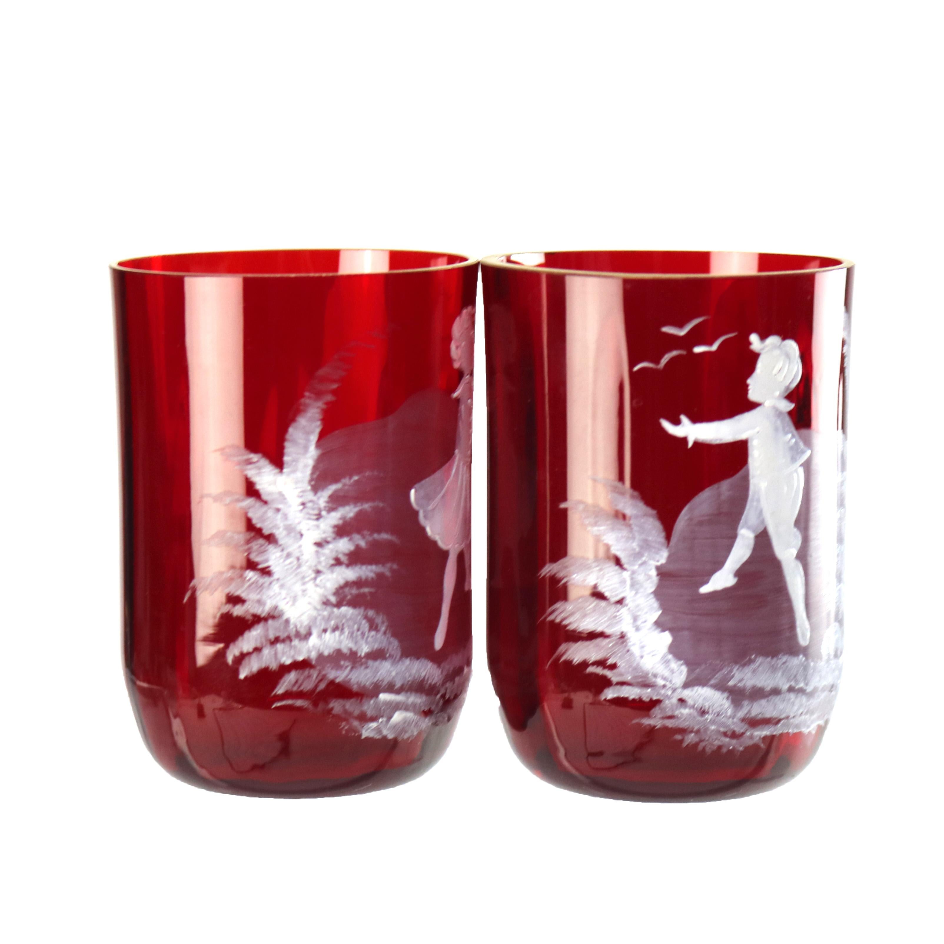 Pair Antique Mount Washington Enameled Cranberry Juice Glasses with Girl & Boy, c1900

Measures- 3.75