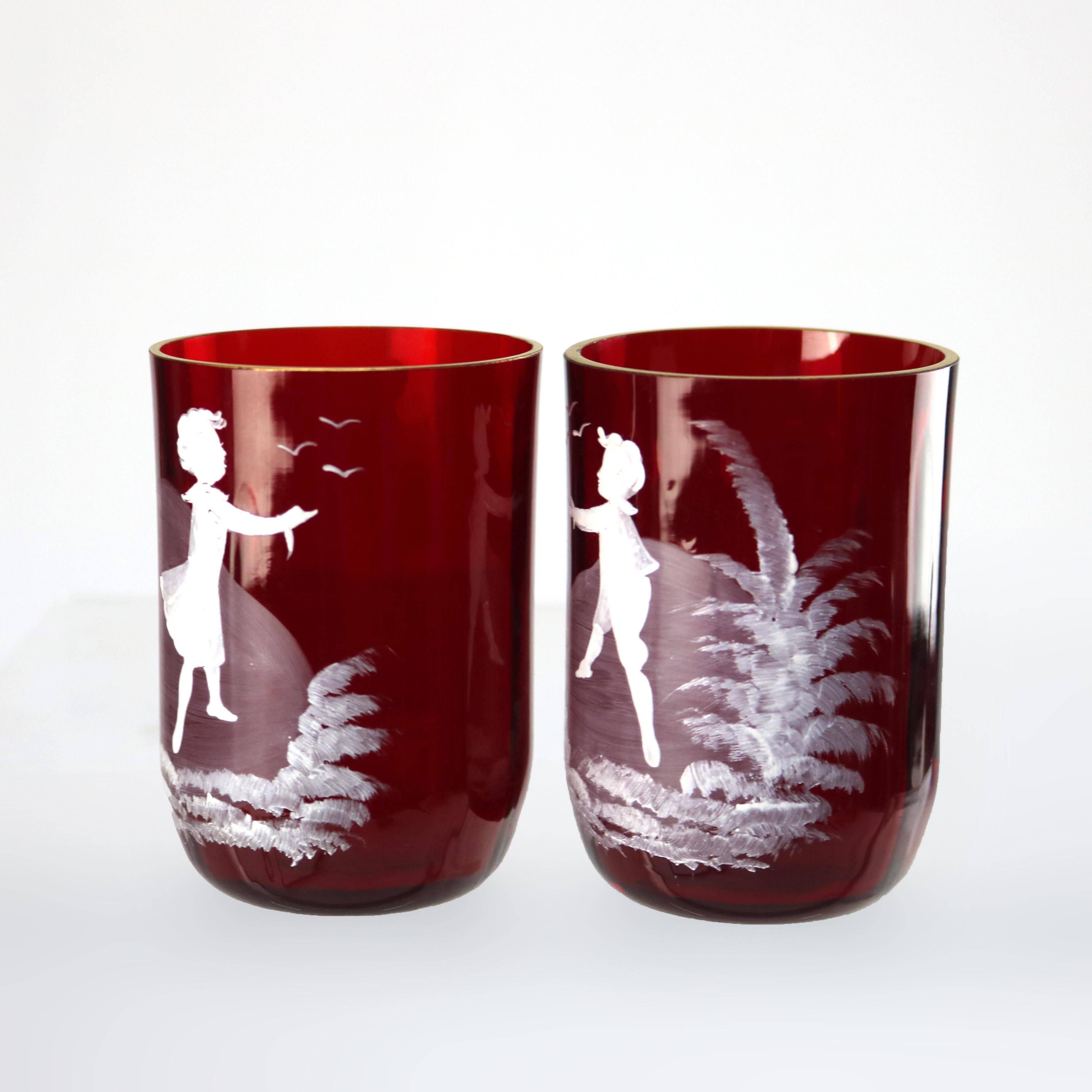 Pair Antique Mount Washington Enameled Cranberry Juice Glasses with Girl & Boy In Good Condition For Sale In Big Flats, NY