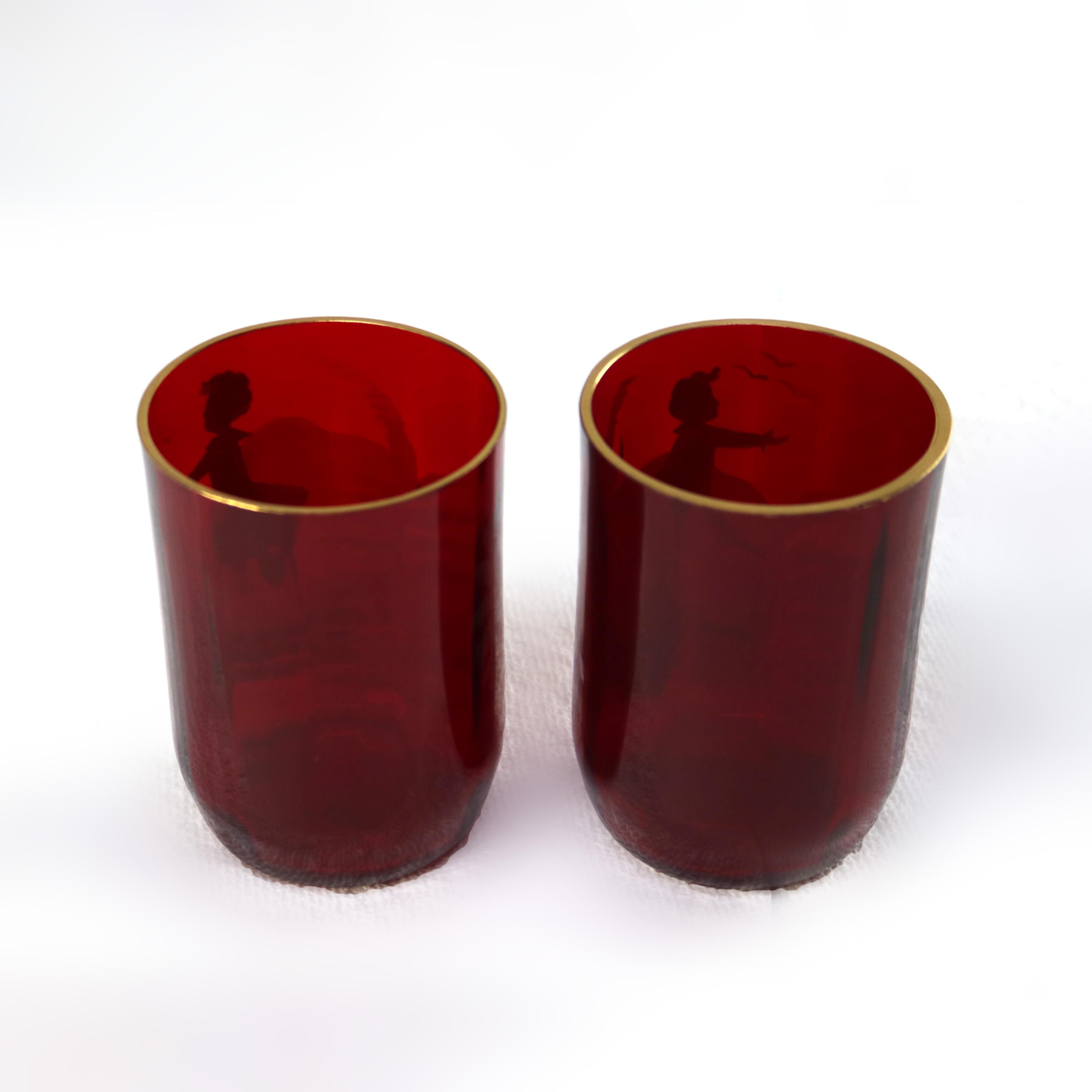 Pair Antique Mount Washington Enameled Cranberry Juice Glasses with Girl & Boy For Sale 1