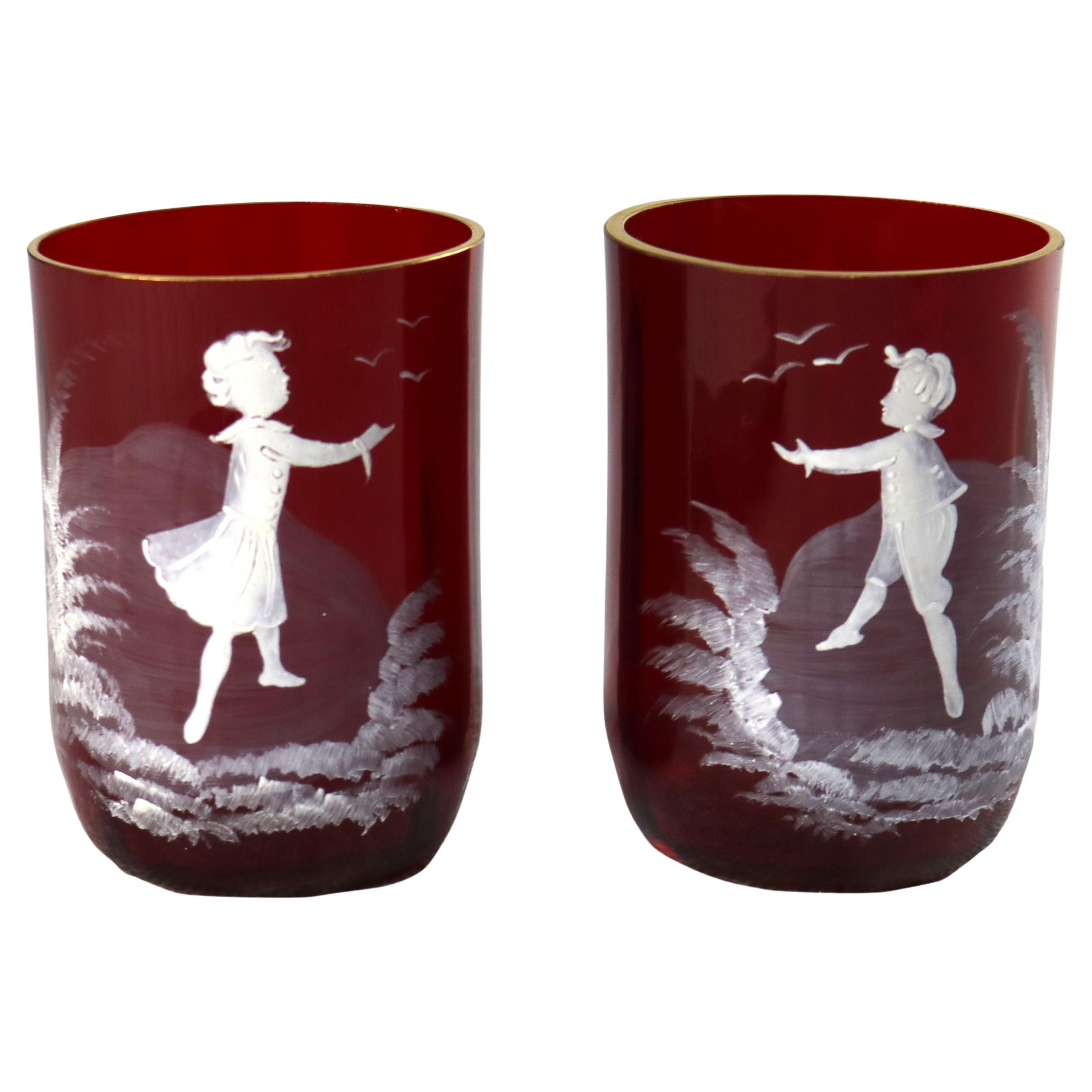 Pair Antique Mount Washington Enameled Cranberry Juice Glasses with Girl & Boy For Sale