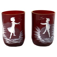 Pair Antique Mount Washington Enameled Cranberry Juice Glasses with Girl & Boy