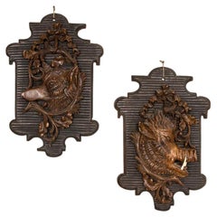 Pair, Antique Mounted Black Forest Carvings of Wild Boar and Fox